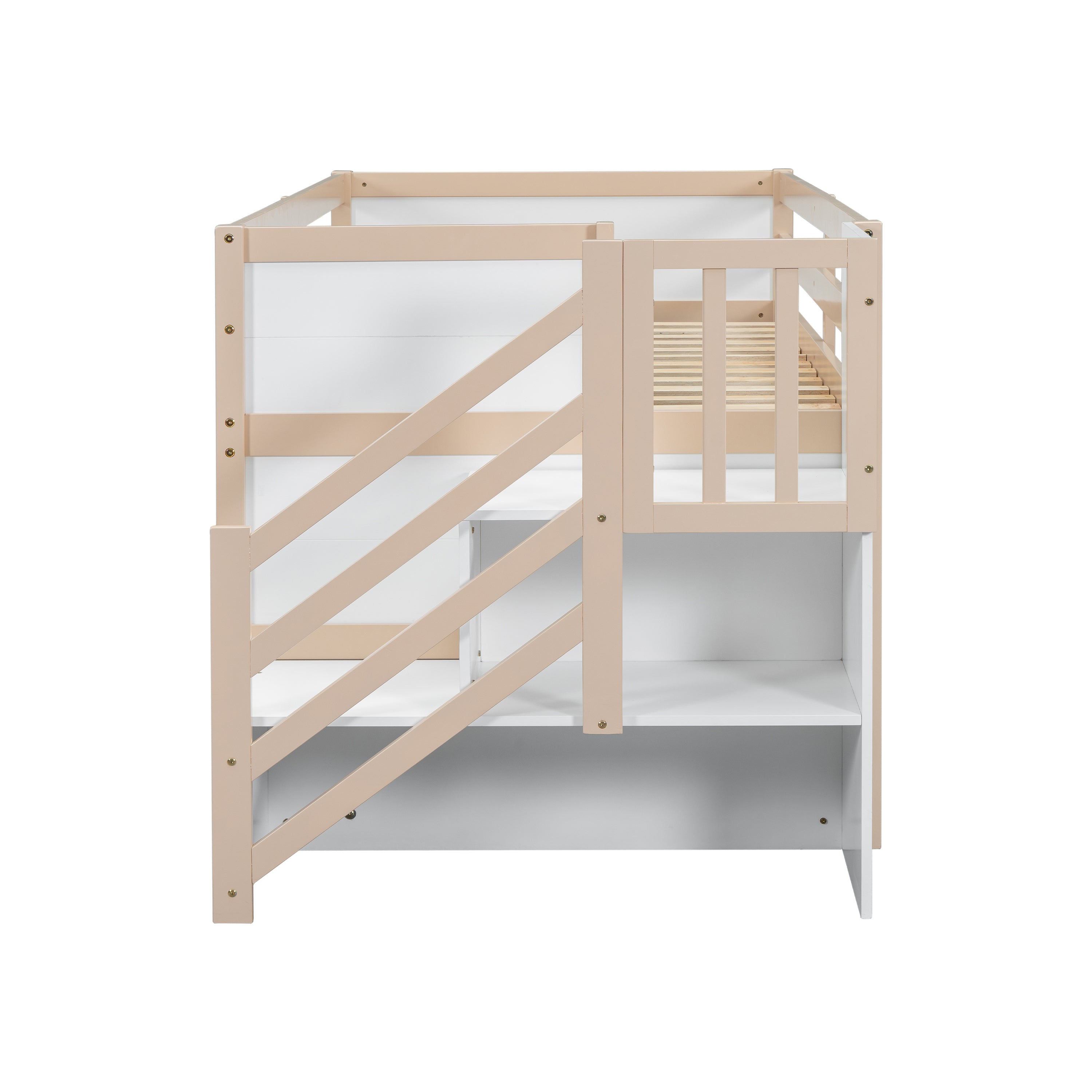 SOLID WOOD TWIN SIZE LOW LOFT BED WITH STAIR, DRAWER, AND SHELF FOR CREAM + WHITE COLOR