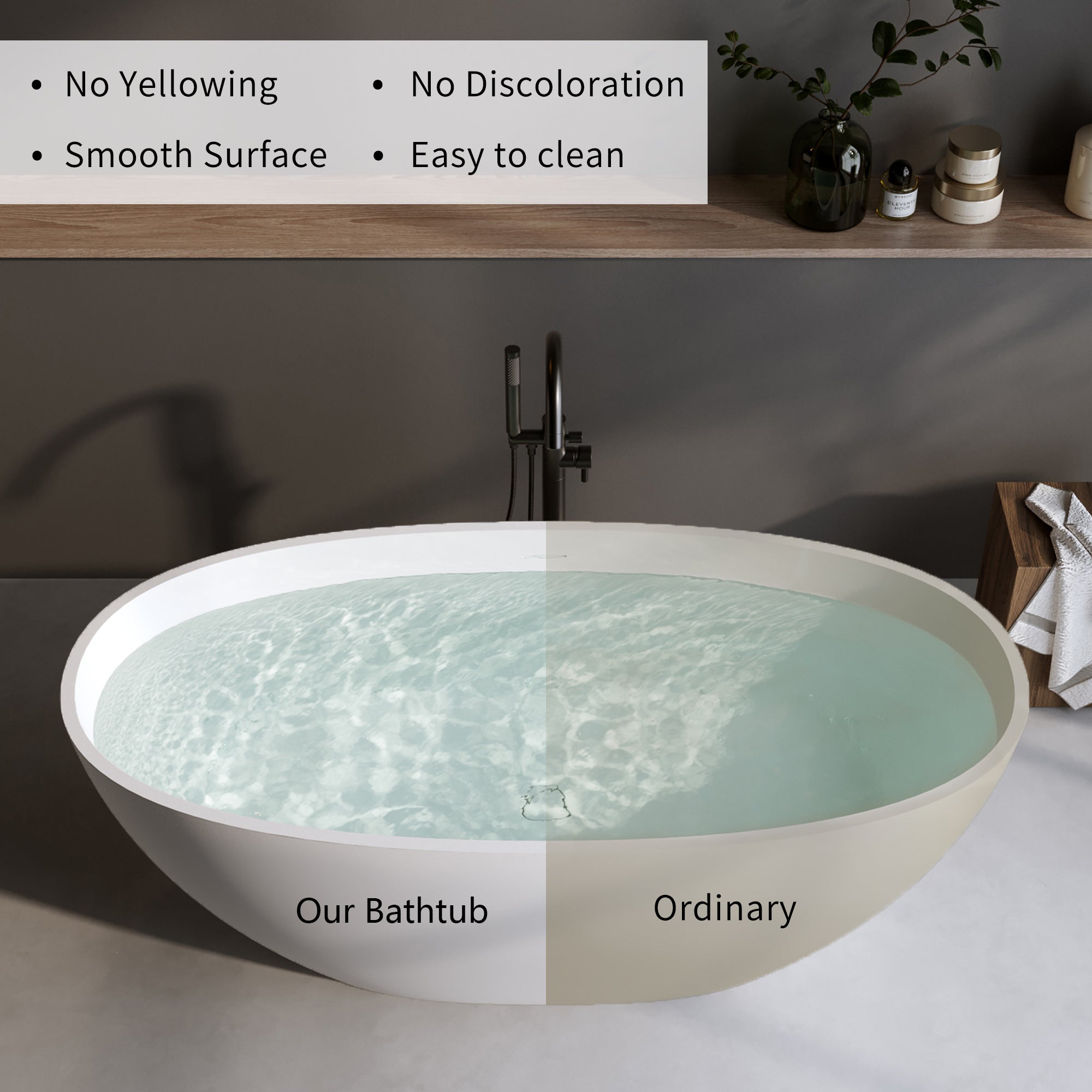 59'' Solid Surface Matte Tub, Solid Surface Soaking Tub, Stone Resin Freestanding Bathtub, Thick Edge Stand Alone Tubs with Overflow, Pop-up Drain, Matte White (Oval)