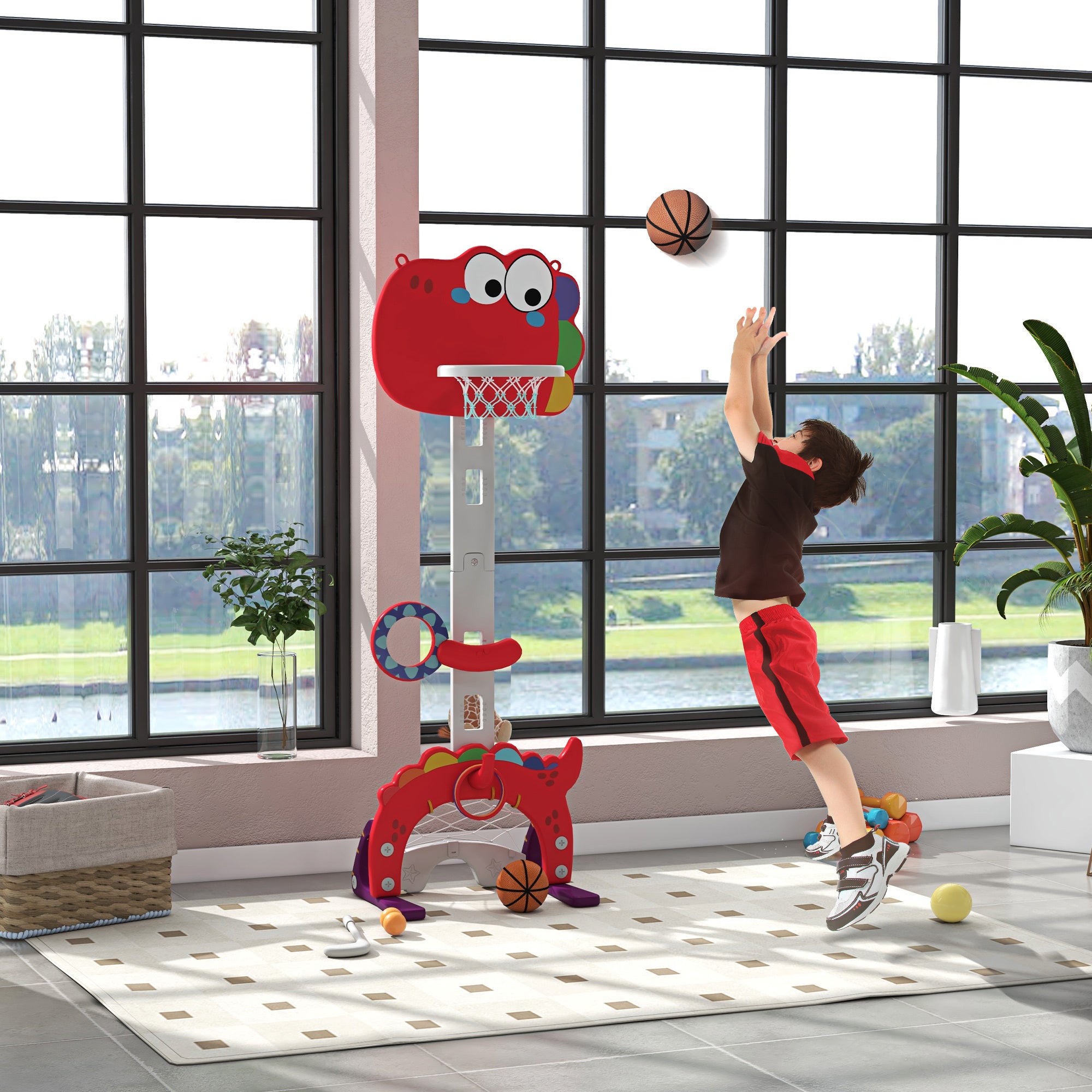 Qaba 5-in-1 Kids Basketball Hoop, Toddler Sports Activity Center, 5 Level Adjustable Height Basketball Goal with Soccer, Golf, Ring Toss & Throw Ball Game for Boys Girls 3-6 Years Indoor, Red