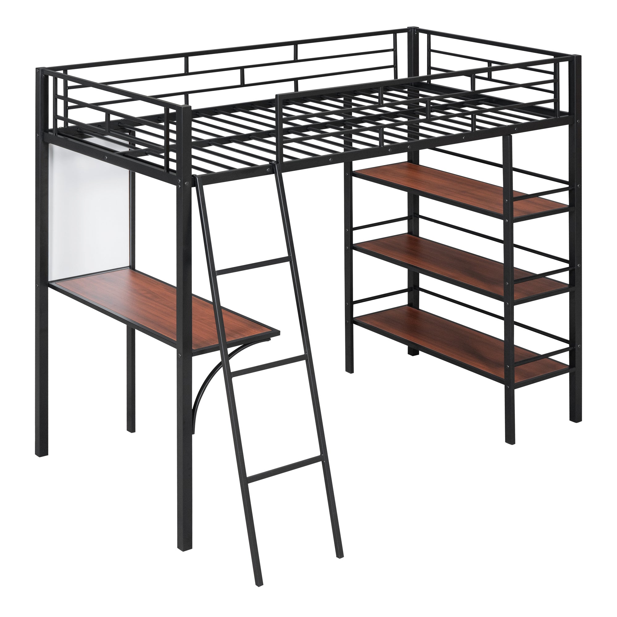 Twin Size Loft Metal Bed with 3 Layers of Shelves and Desk, Stylish Metal Frame Bed with Whiteboard, Black