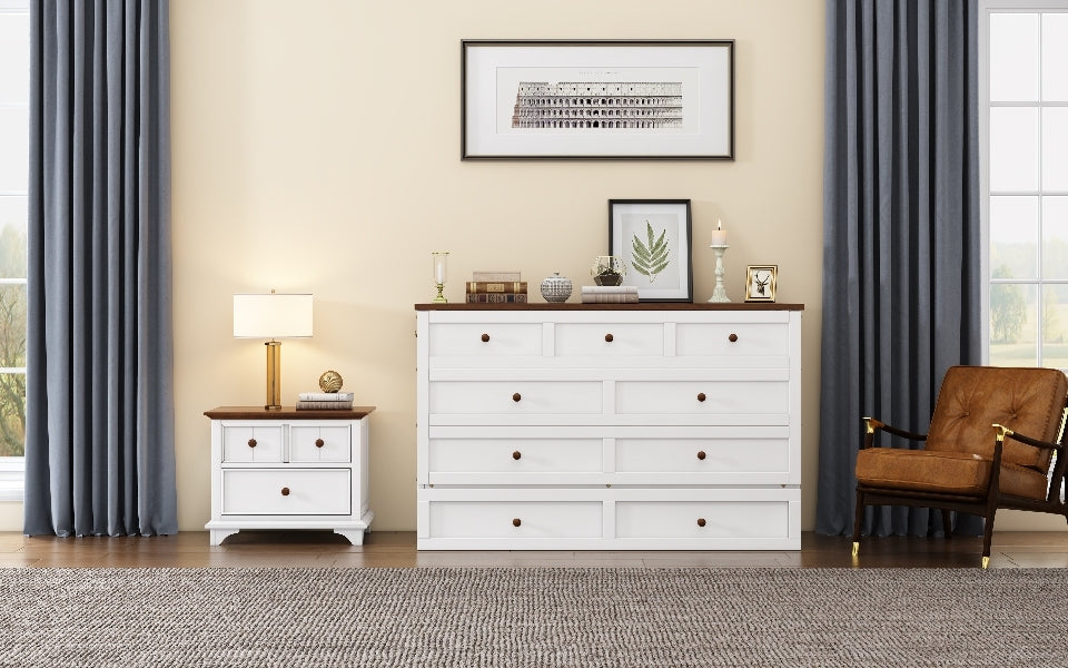 Solid Pine Murphy Bed Chest with Charging Station and Large Storage Drawer for Home Office or Small Room , Queen, White+Walnut