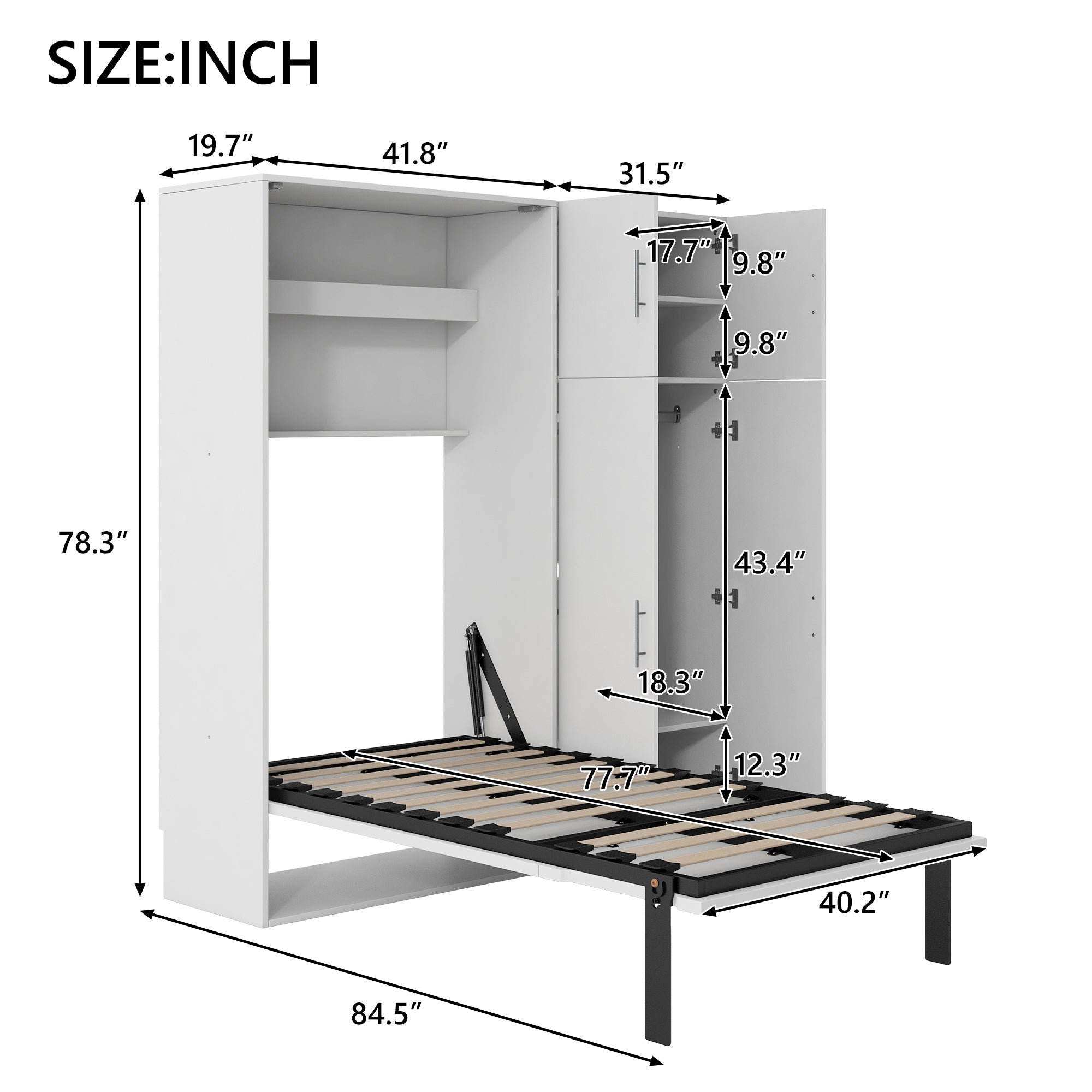 Twin Size Murphy Bed with Lockers and Wardrobes, White