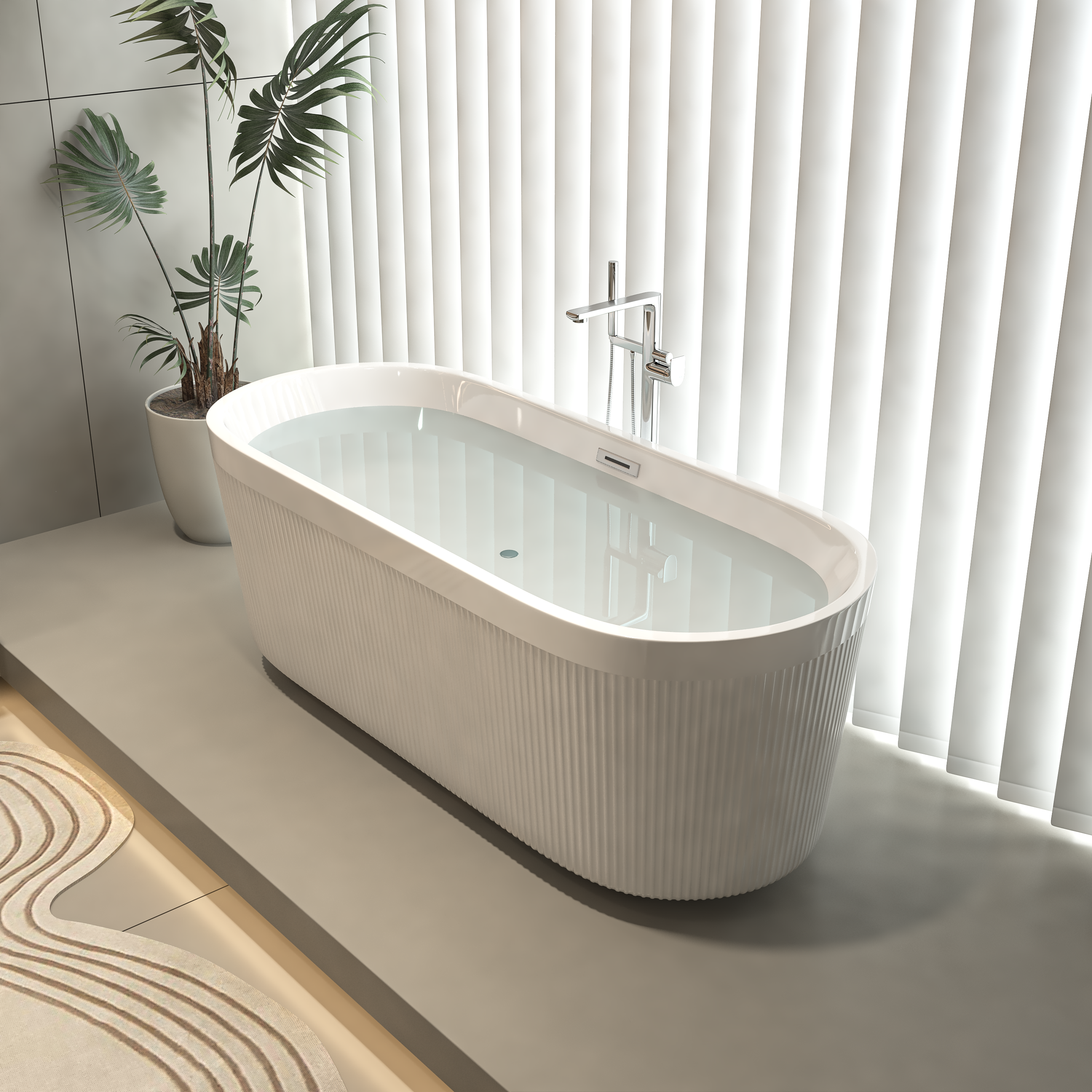 59" Acrylic Freestanding Bathtub with Unique Pleated Design: Spacious Oval Shape, Gloss White Finish, Chrome Overflow & Pop-Up Drain