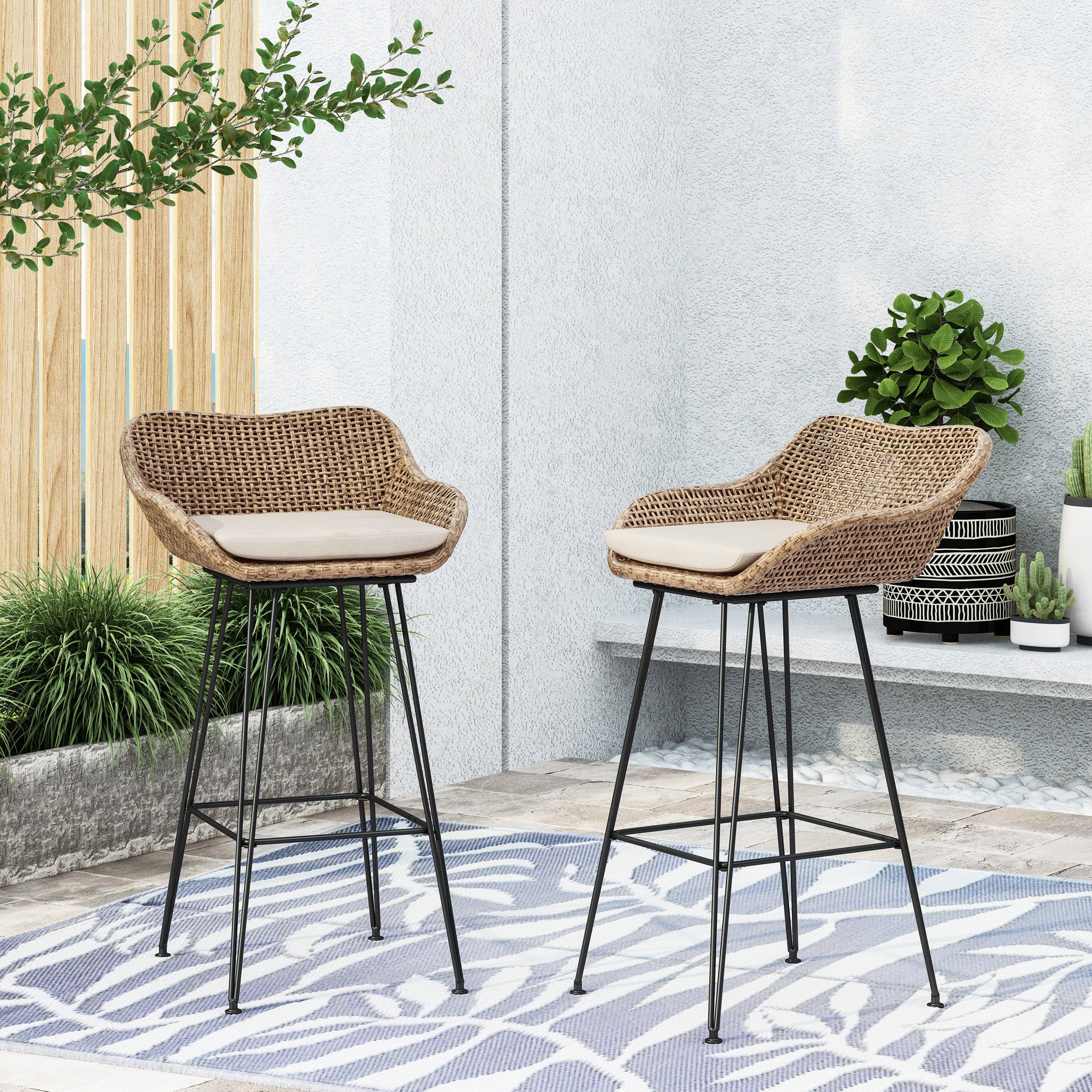 29.25" Outdoor Wicker and Iron Low Back Barstools, Light Brown, with Beige Cushion (Set of 2)