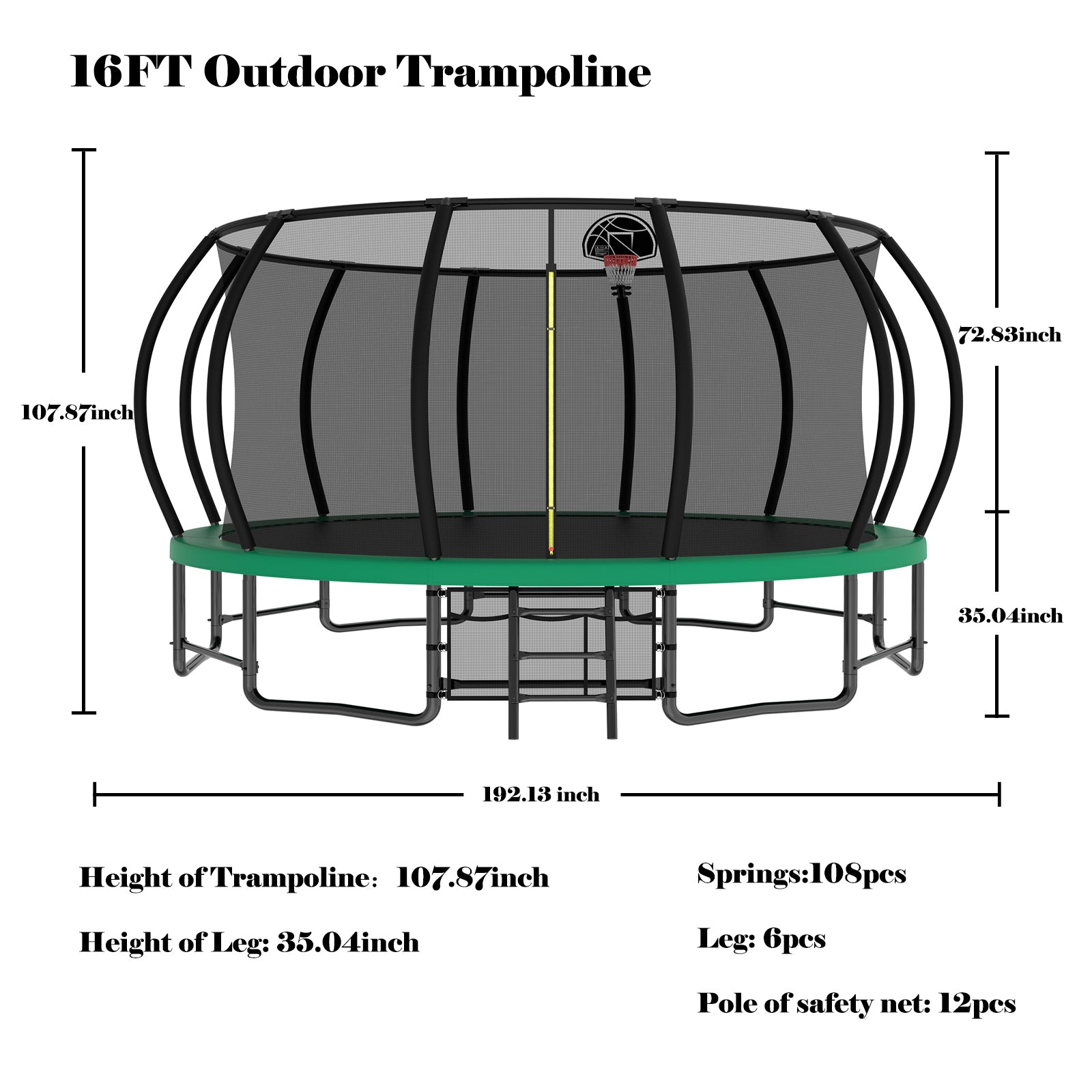 16FT Outdoor Trampoline for Kids and Adults, Pumpkin Trampolines with Curved Poles,Heavy Duty Trampoline Anti-Rust Coating ASTM Approval