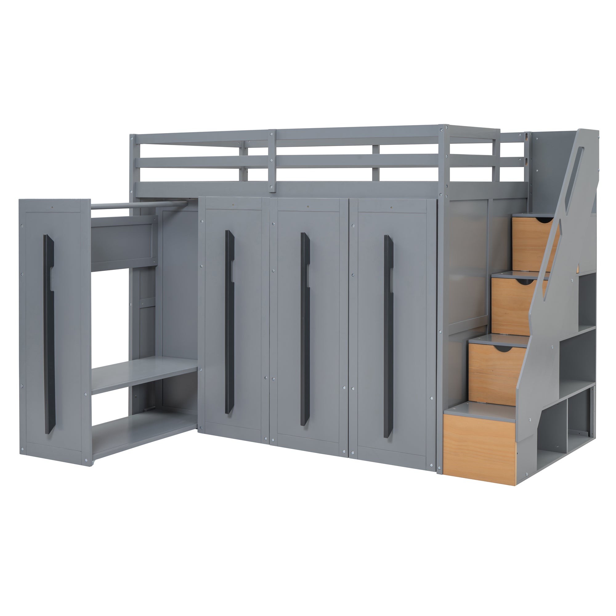 Modern Loft Bed with Two-Tone Storage Stairs and Pull-Out Wardrobes, Gray