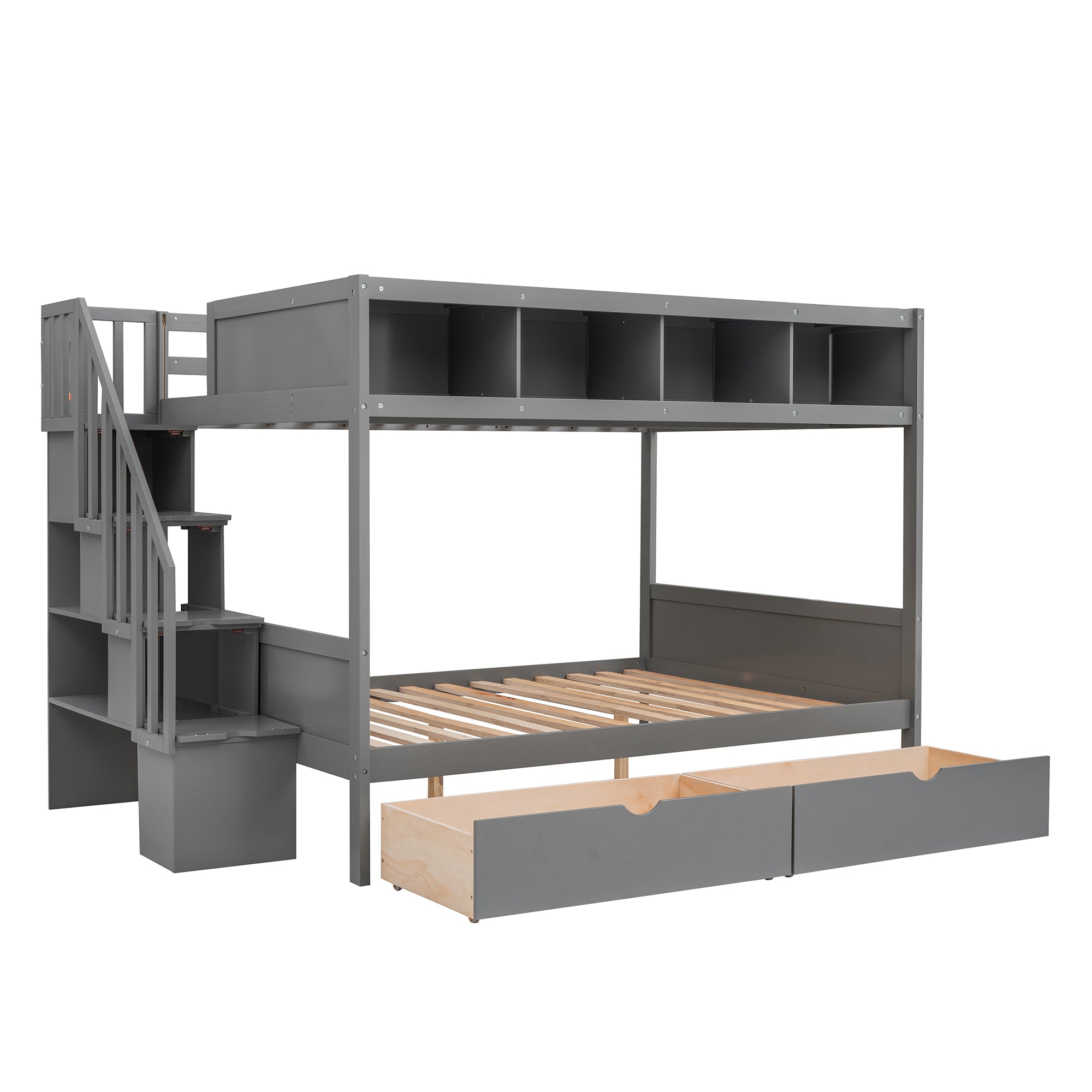 Twin over Full Bunk Bed with Shelfs, Storage Staircase and 2 Drawers, Gray