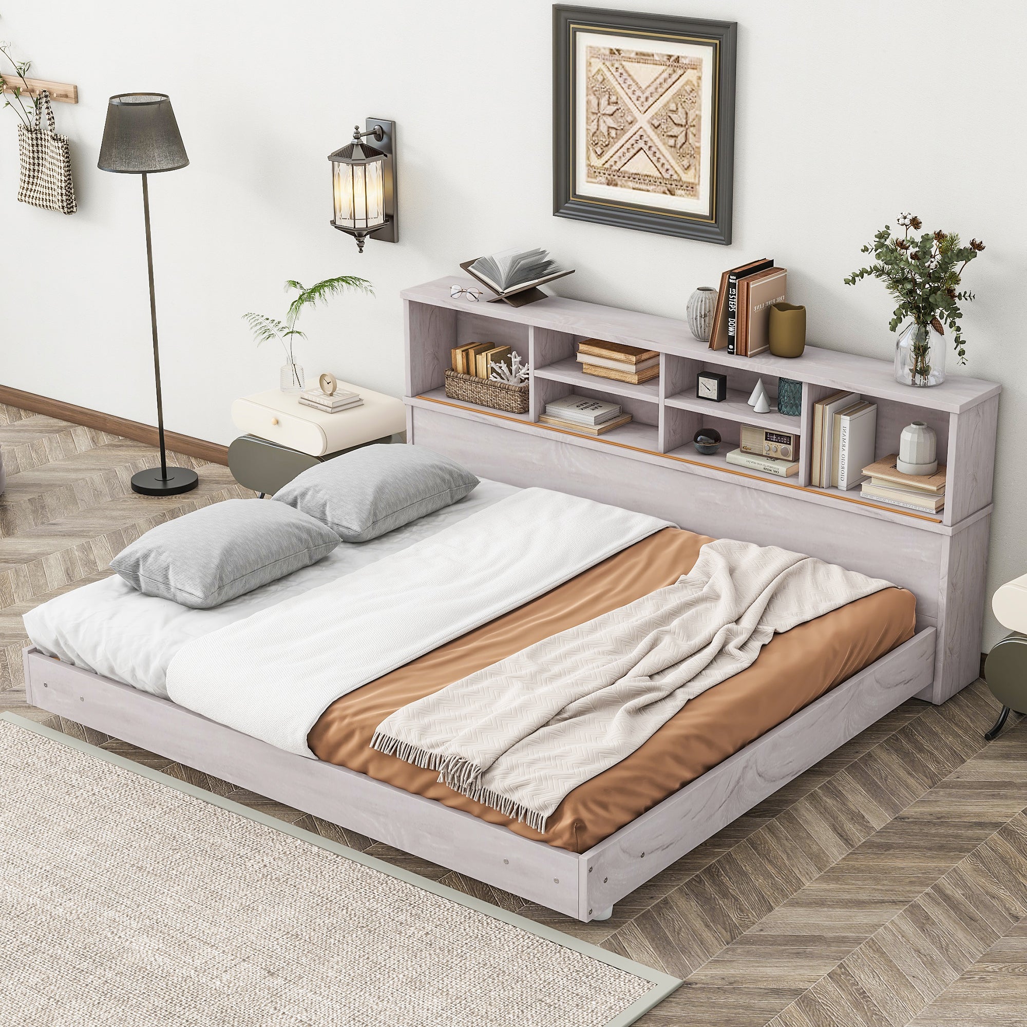 Full Size Daybed Frame with Storage Bookcases,White Oak