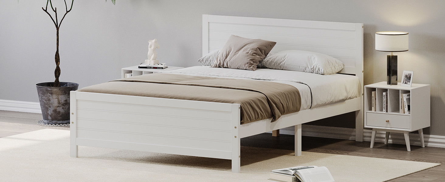 Wood Platform Bed Frame with Headboard, Mattress Foundation with Wood Slat Support, No Box Spring Needed, Queen Size, White