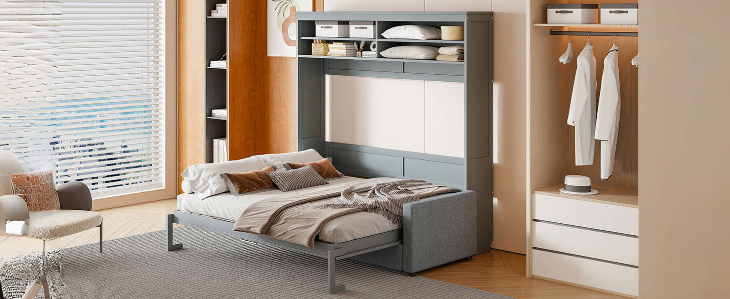 Queen Size Murphy Bed Wall Bed with Sofa,Gray