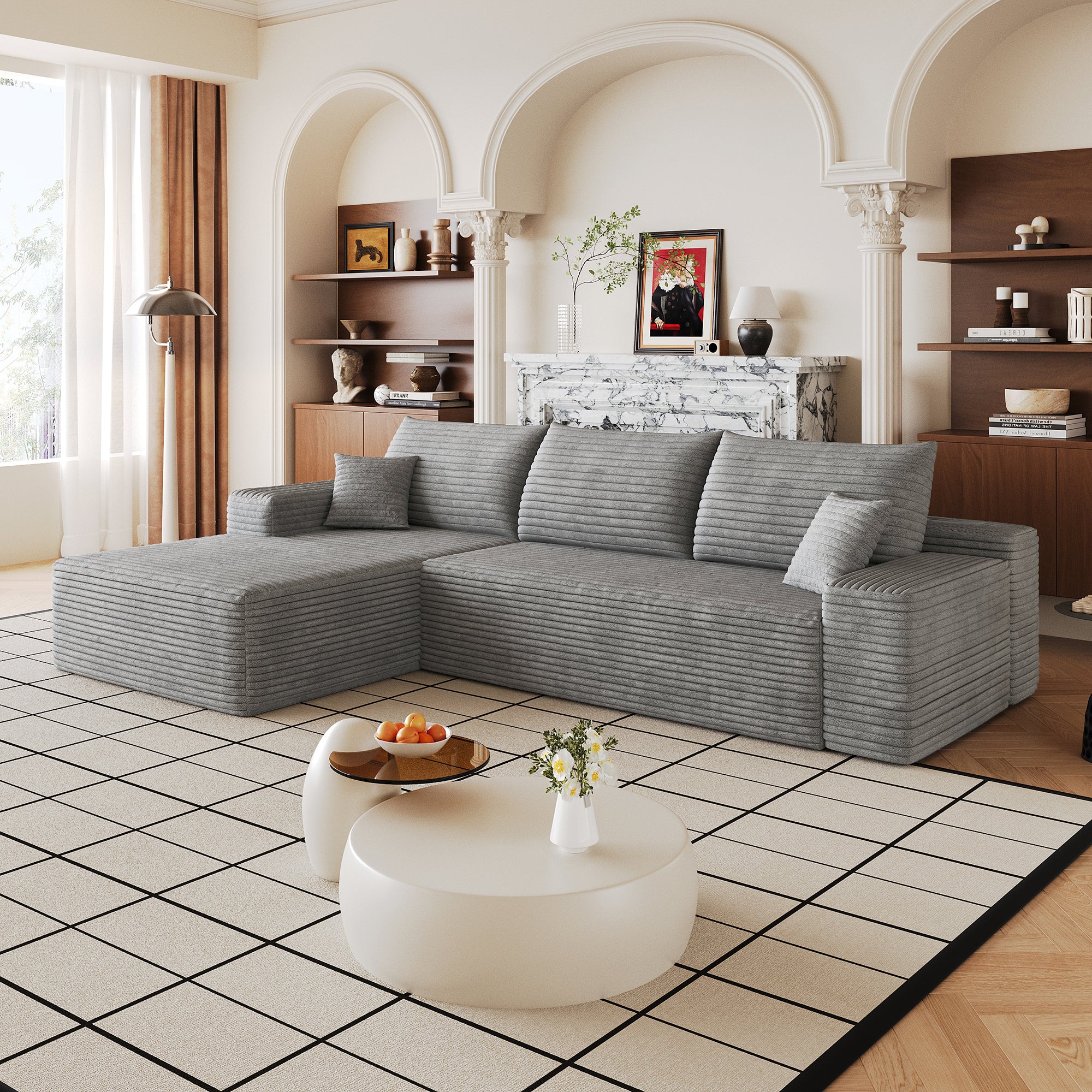 Grey corduroy deep-seat sectional sofa, angled view