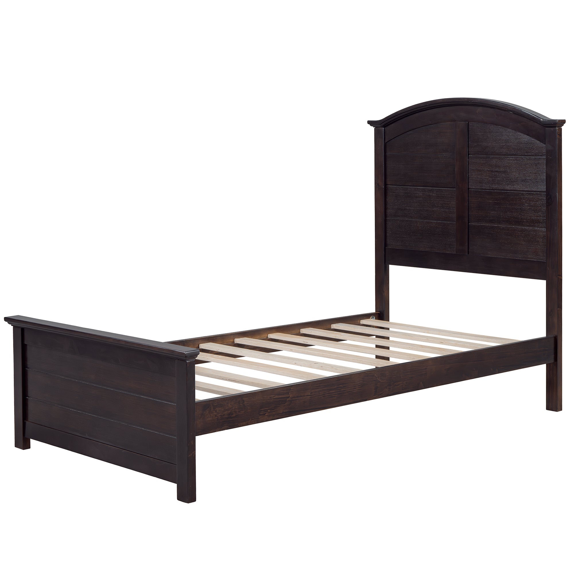 Farmhouse Wooden Platform Twin Size Bed with Curl Design Headboard and Footboard for Teenager, Espresso