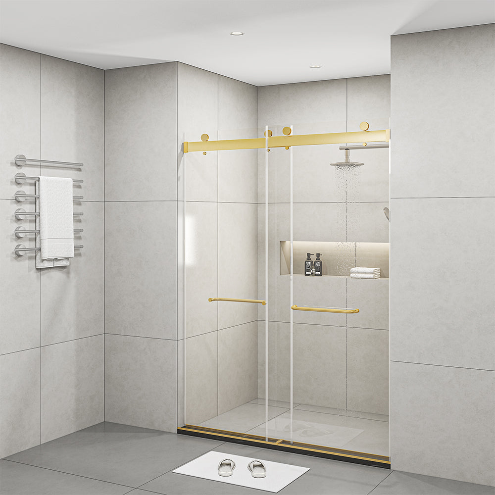 Frameless Sliding Glass Shower Doors 60"W x 76"H with 3/8"(10mm) Clear Tempered Glass, Brushed Gold