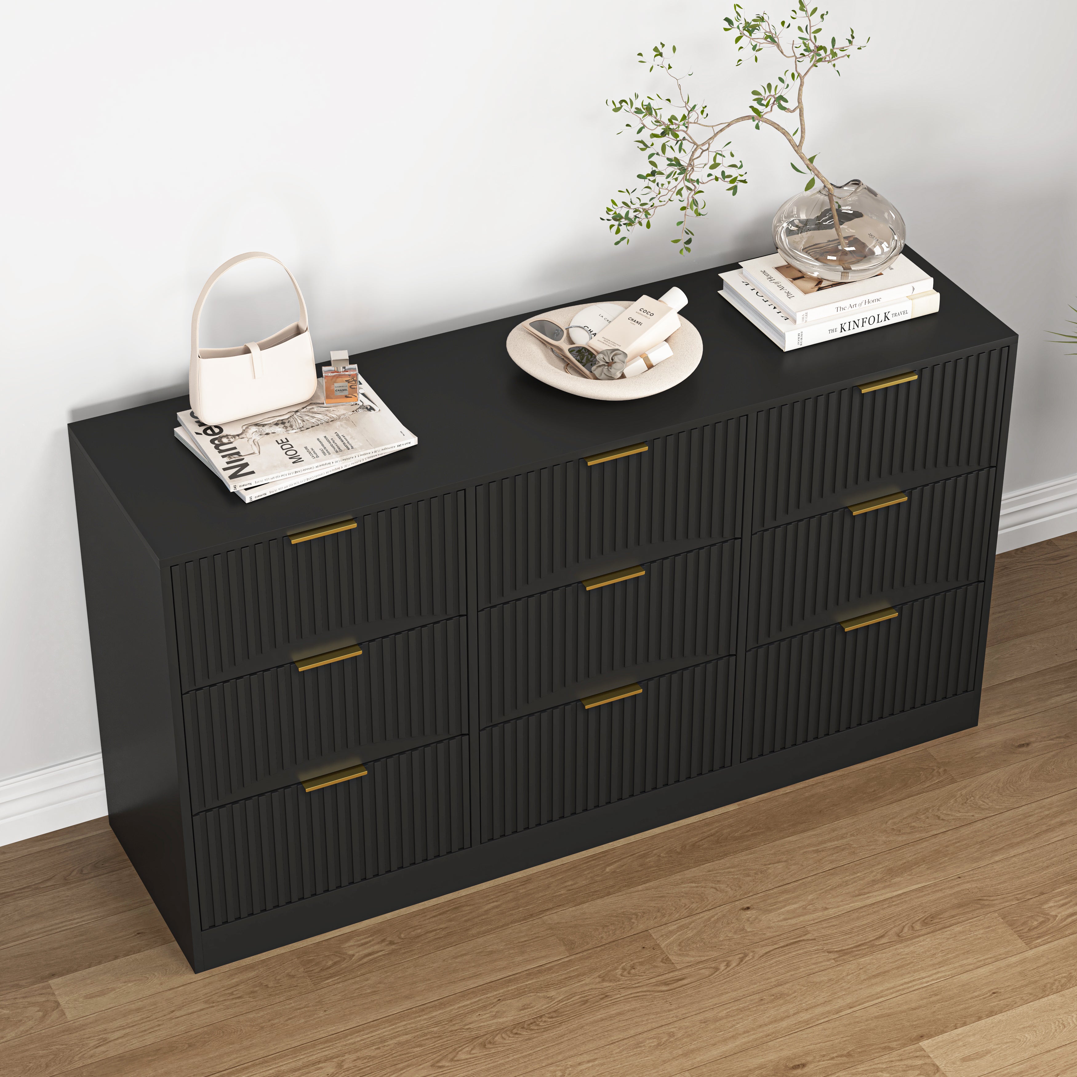 Black 9-drawer wooden dresser with drawers open bedroom storage