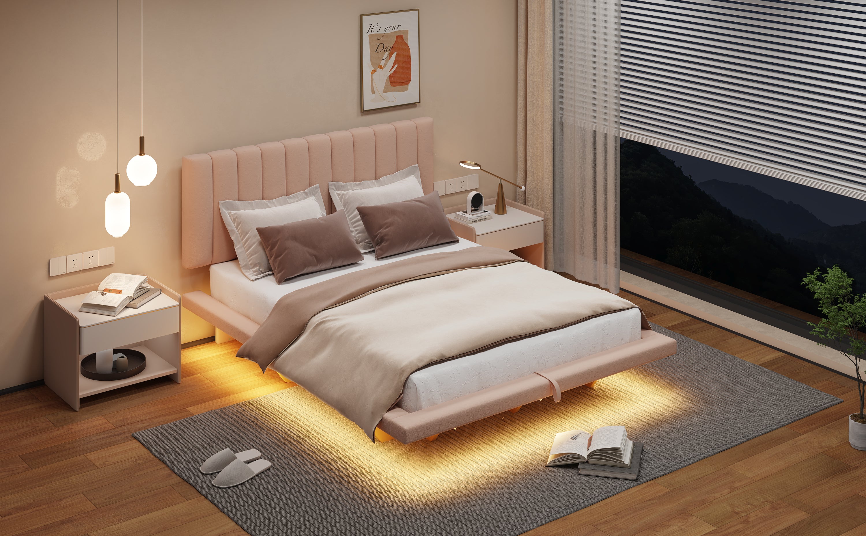 Queen Size Upholstered Floating Bed with LED Light and USB Port, Velvet, Pink, Hydrualic Platform Bed