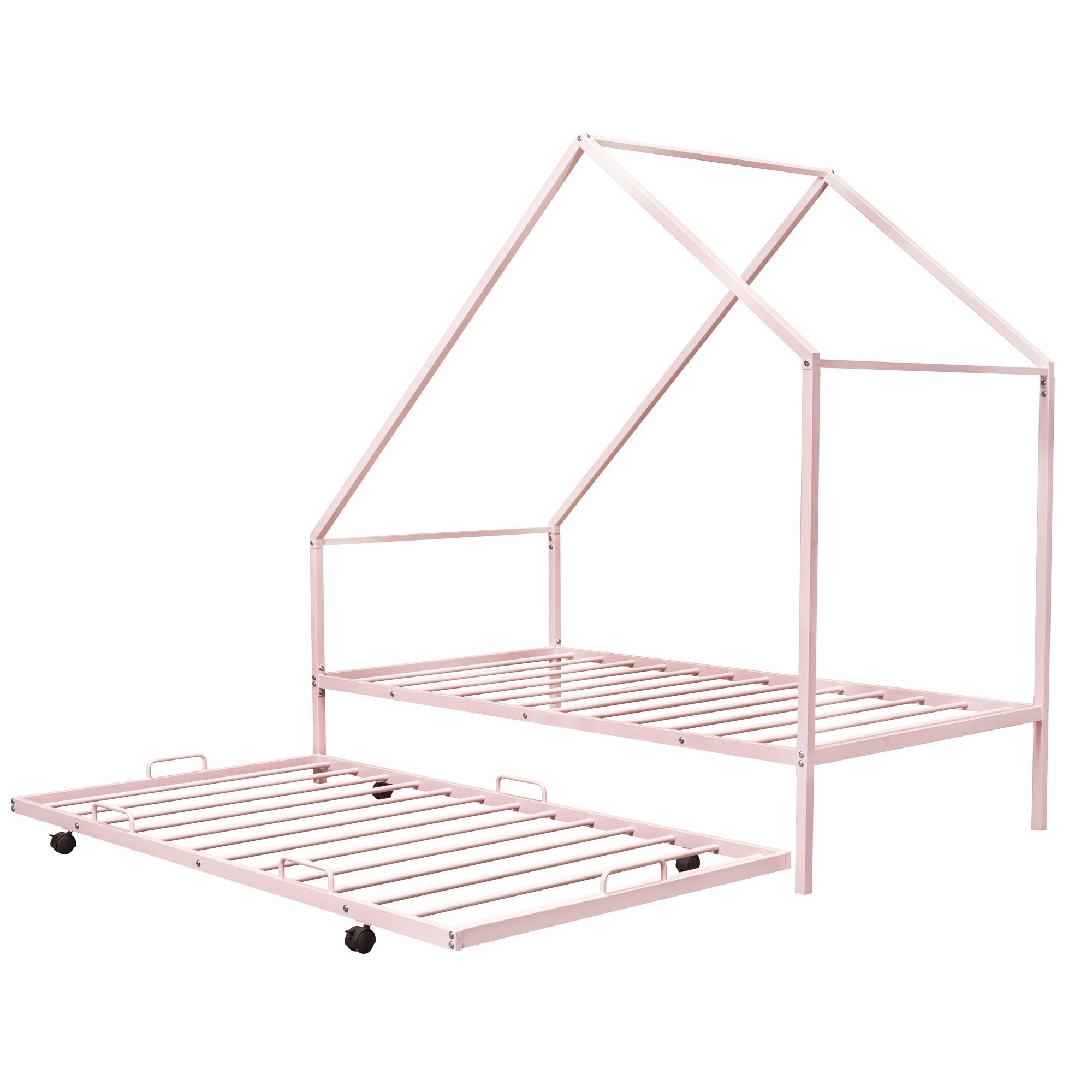 Metal House Bed With Trundle, Twin Size House Bed Pink