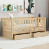 Twin Size Wood Daybed with Fence Guardrails and 2 Drawers, Split into Independent Floor Bed & Daybed, Natural(OLD SKU :LP000881AAN)