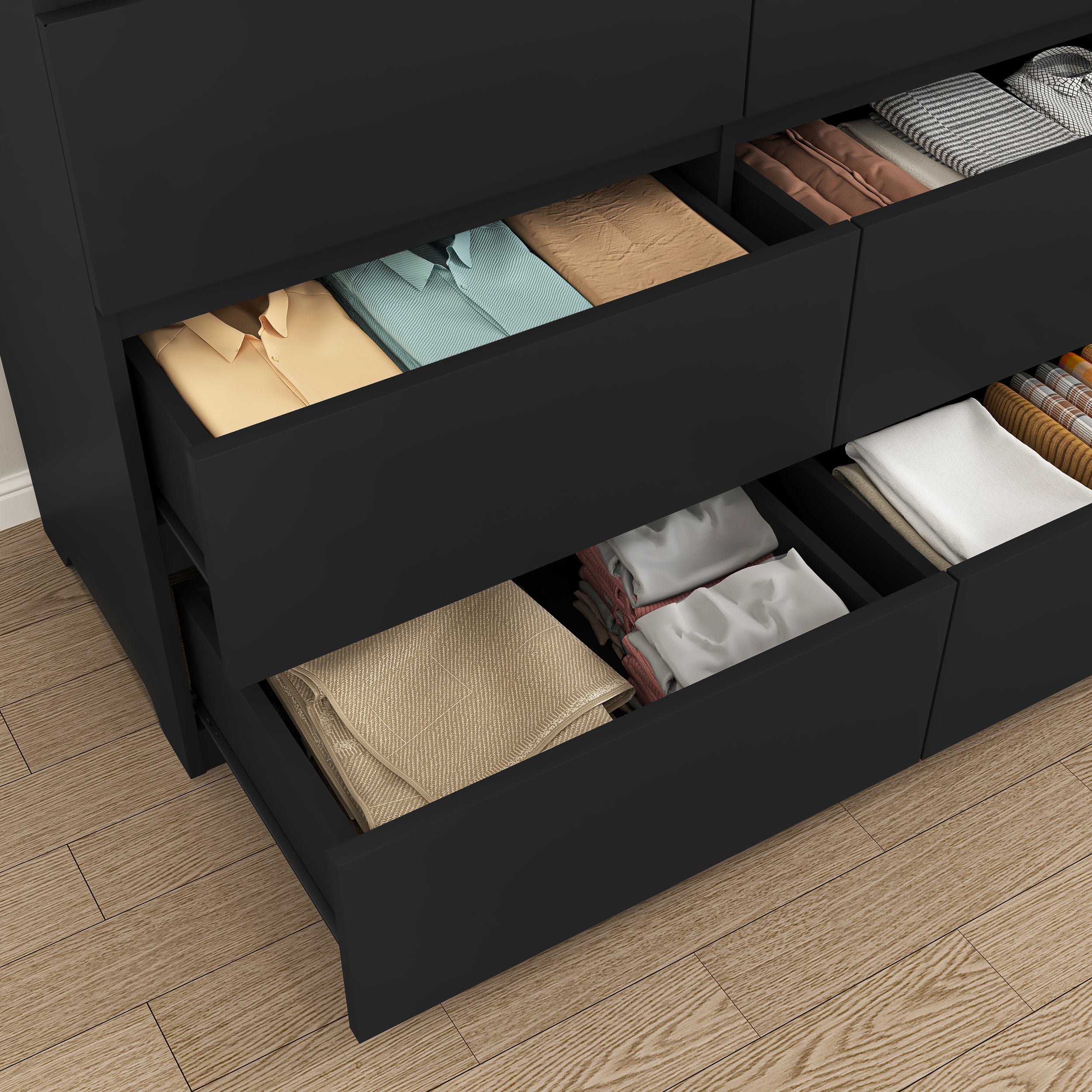Black 12-drawer bedroom dresser, detail of drawer fronts