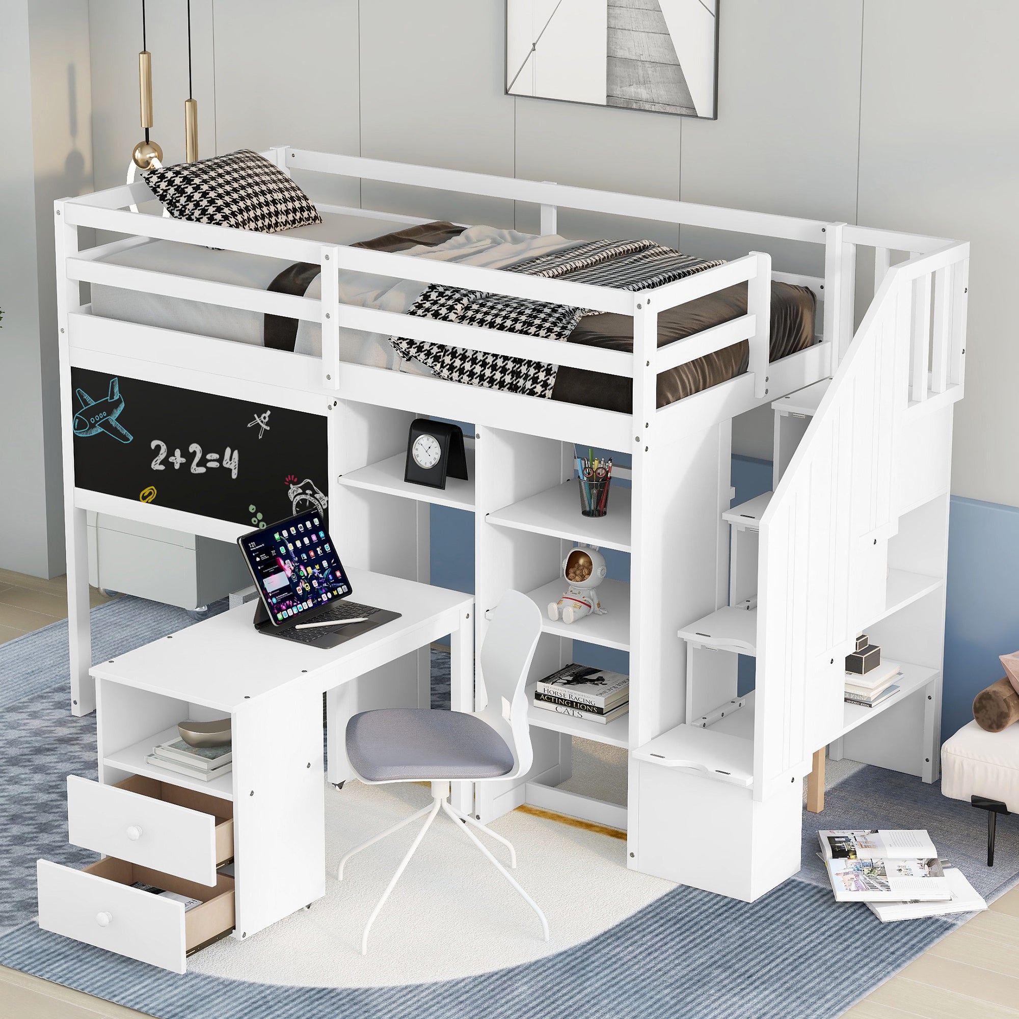 Twin Size Loft Bed with Pullable Desk and Storage Shelves,Staircase and Blackboard,White