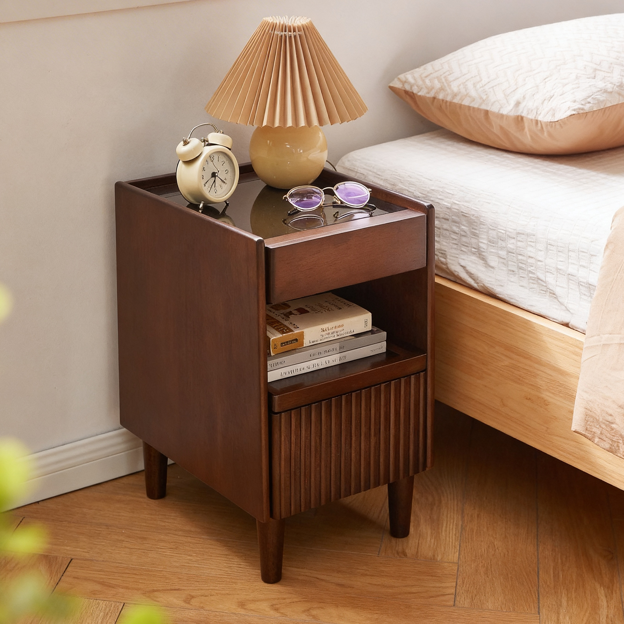 Compact wood nightstand open shelves storage detail, bedroom setting