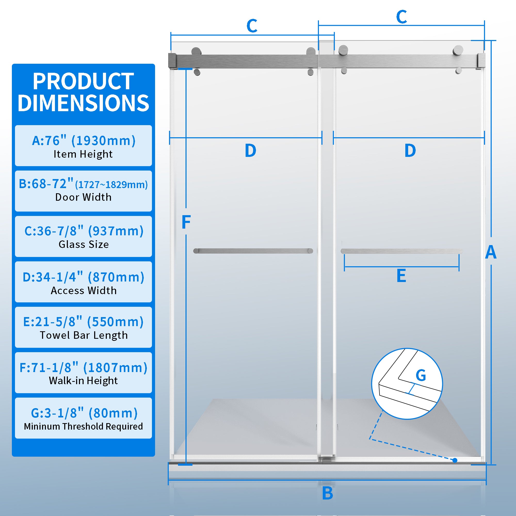 68-72"W × 76"H Double Sliding Frameless Shower Door With 3/8 inches (10mm) Clear Tempered Glass, Brushed Nickel Finish