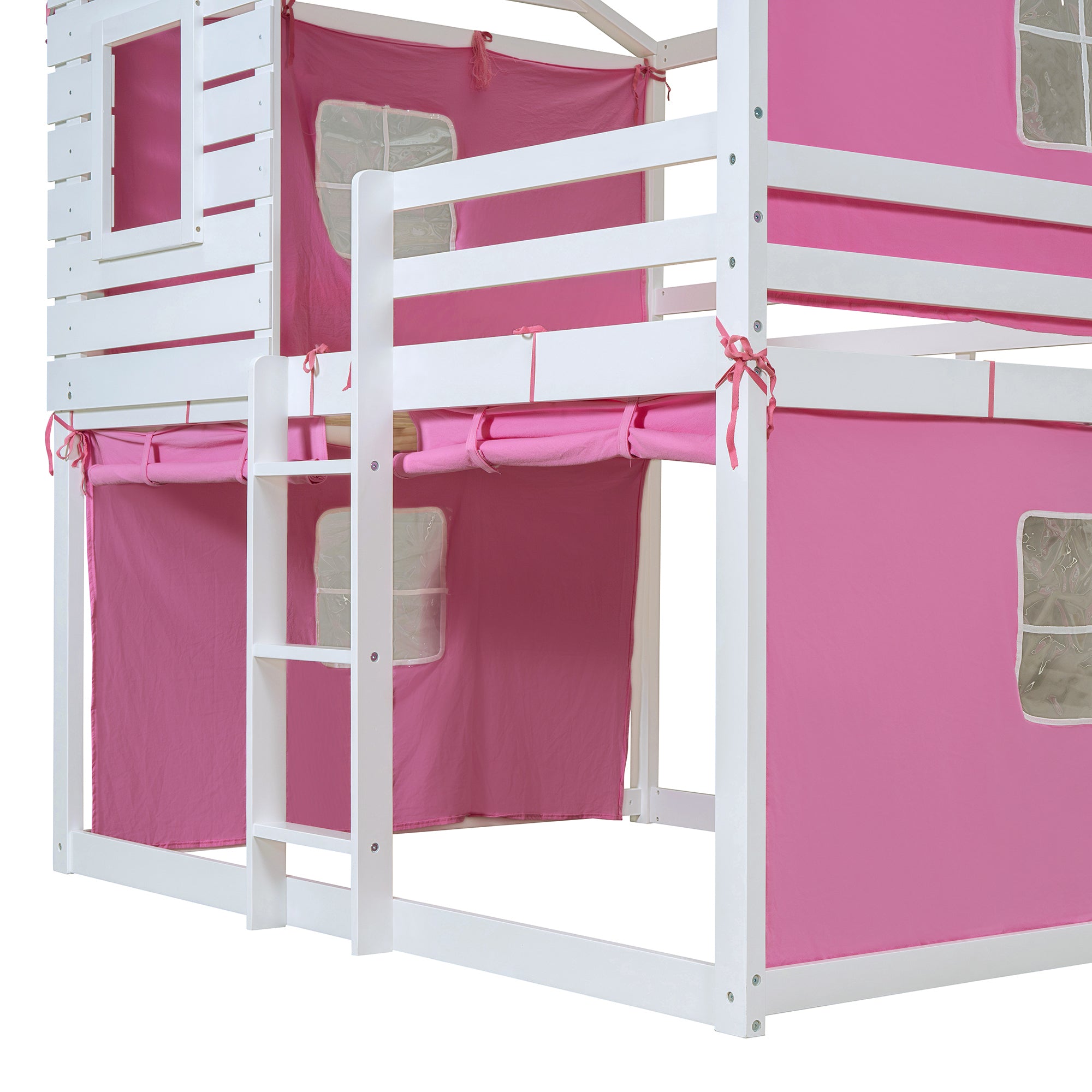 Full Size Bunk Wood House Bed with Tent, Pink+White