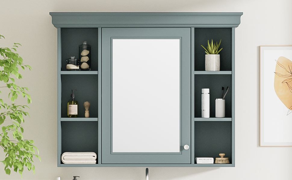 35'' x 28'' Blue Wall Mounted Bathroom Storage Cabinet with Mirror Door, Modern Bathroom Wall Cabinet with Mirror, Medicine Cabinet with 6 Open Shelves