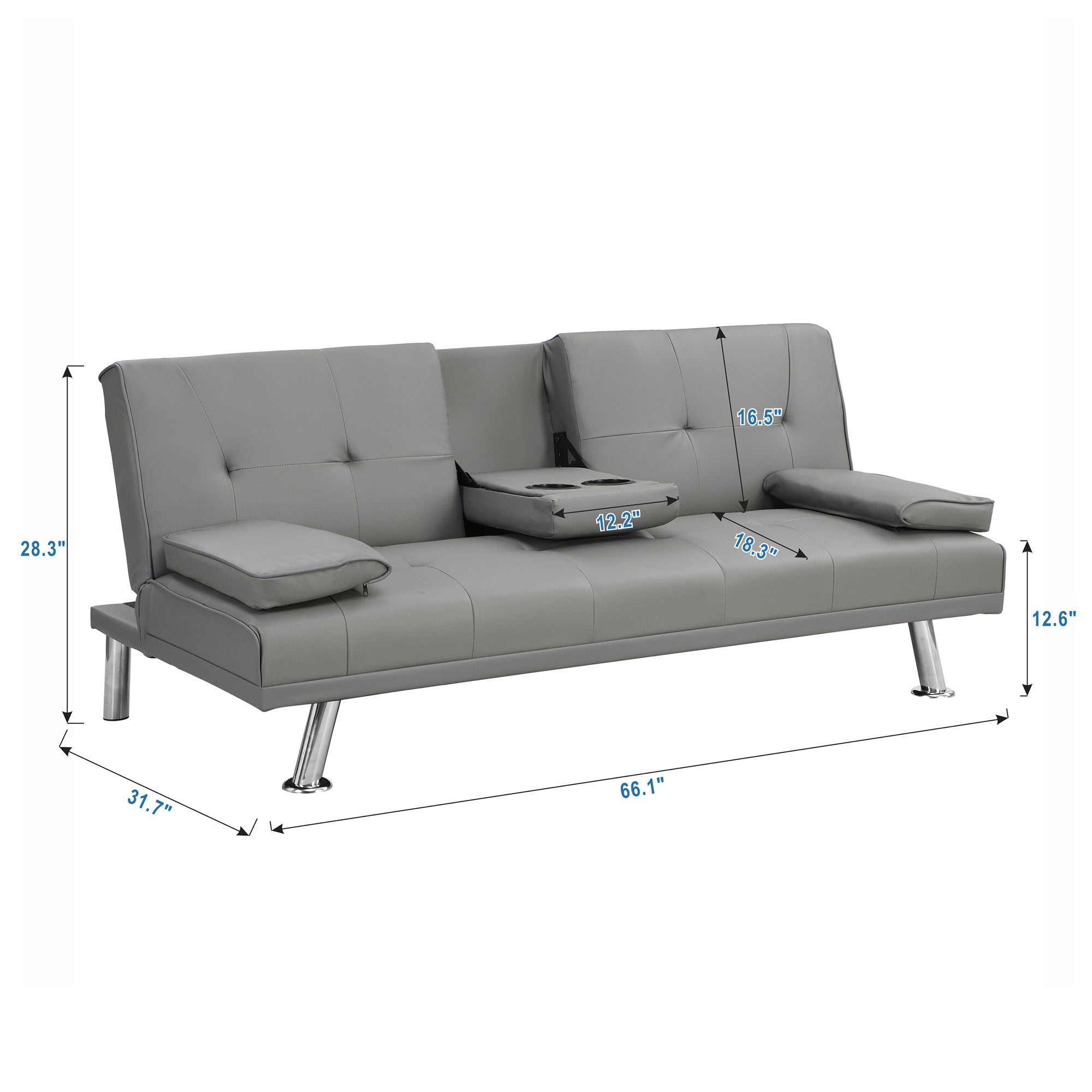 Sofa Bed with Armrest two holders WOOD FRAME, STAINLESS LEG, FUTON GREY PVC