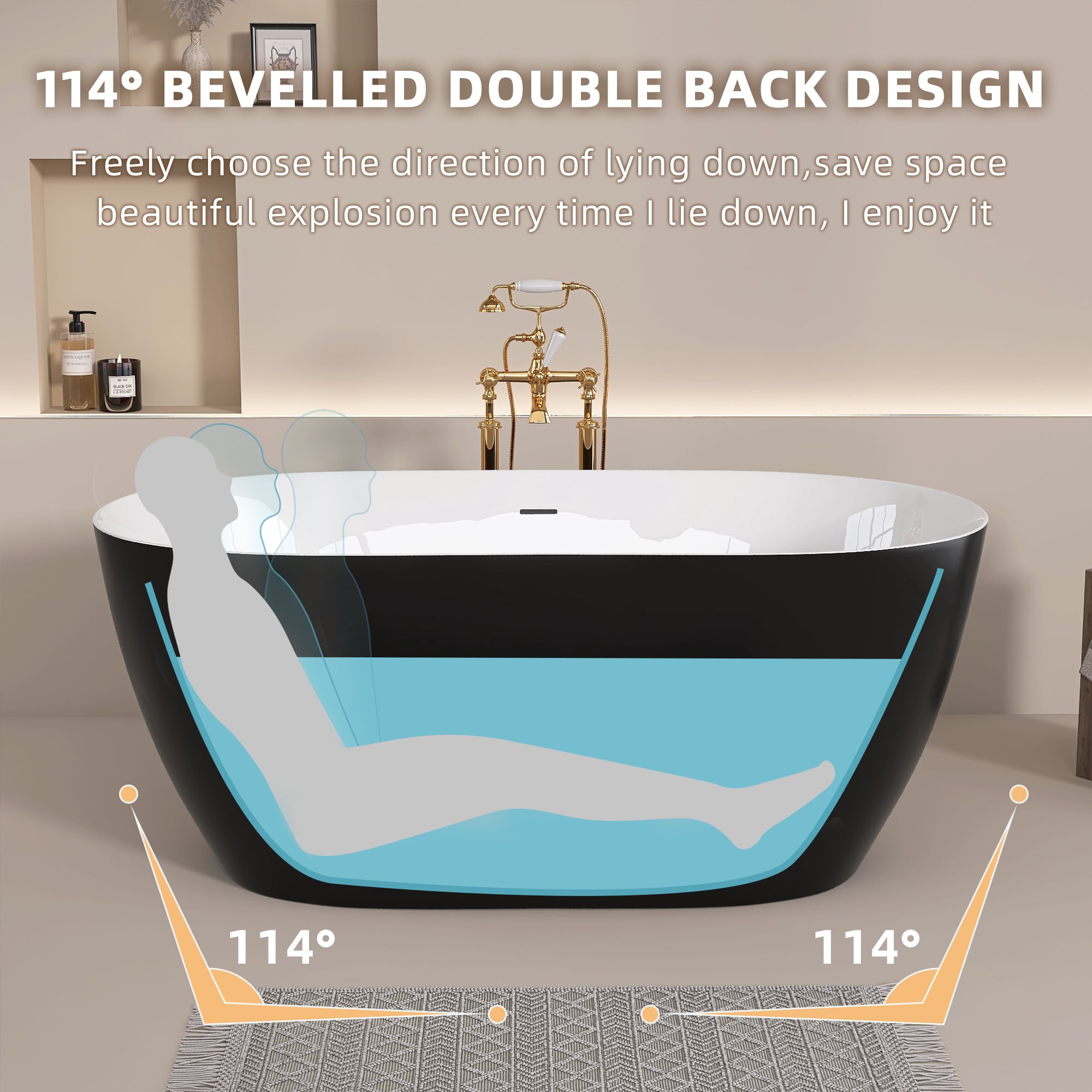 51" Acrylic Freestanding Bathtub Contemporary Soaking White Tub with Overflow and Pop-up Drain Matte Black