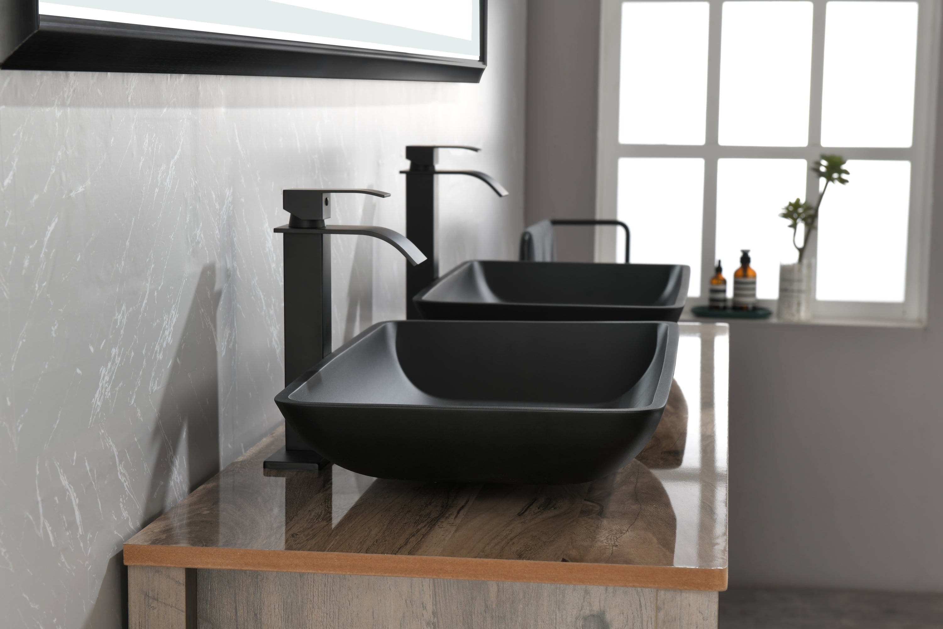 14.38" L -22.25" W -4-3/8 in. H Matte Shell  Glass Rectangular Vessel Bathroom Sink in Black with  Faucet and Pop-Up Drain in Matte Black