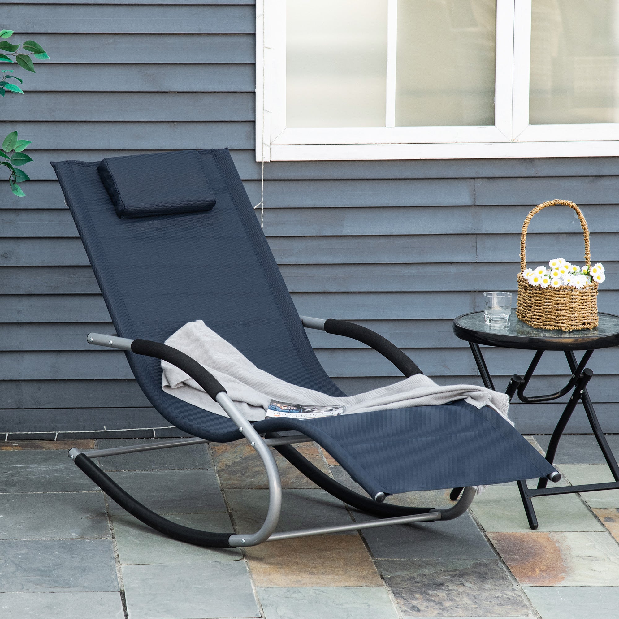 Outsunny Zero Gravity Rocking Chair Outdoor Chaise Lounge Chair Recliner Rocker with Detachable Pillow and Durable Weather-Fighting Fabric for Patio, Deck, Pool, Navy Blue