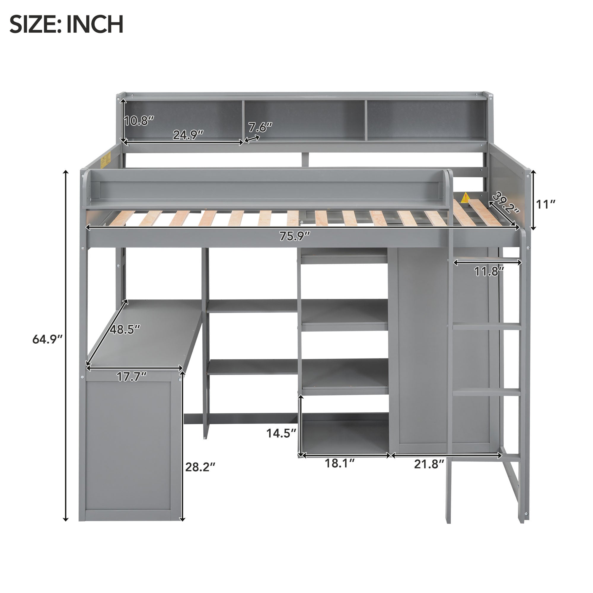 Wood Twin Size Loft bed with Multiple Storage Shelves and Wardrobe, Gray