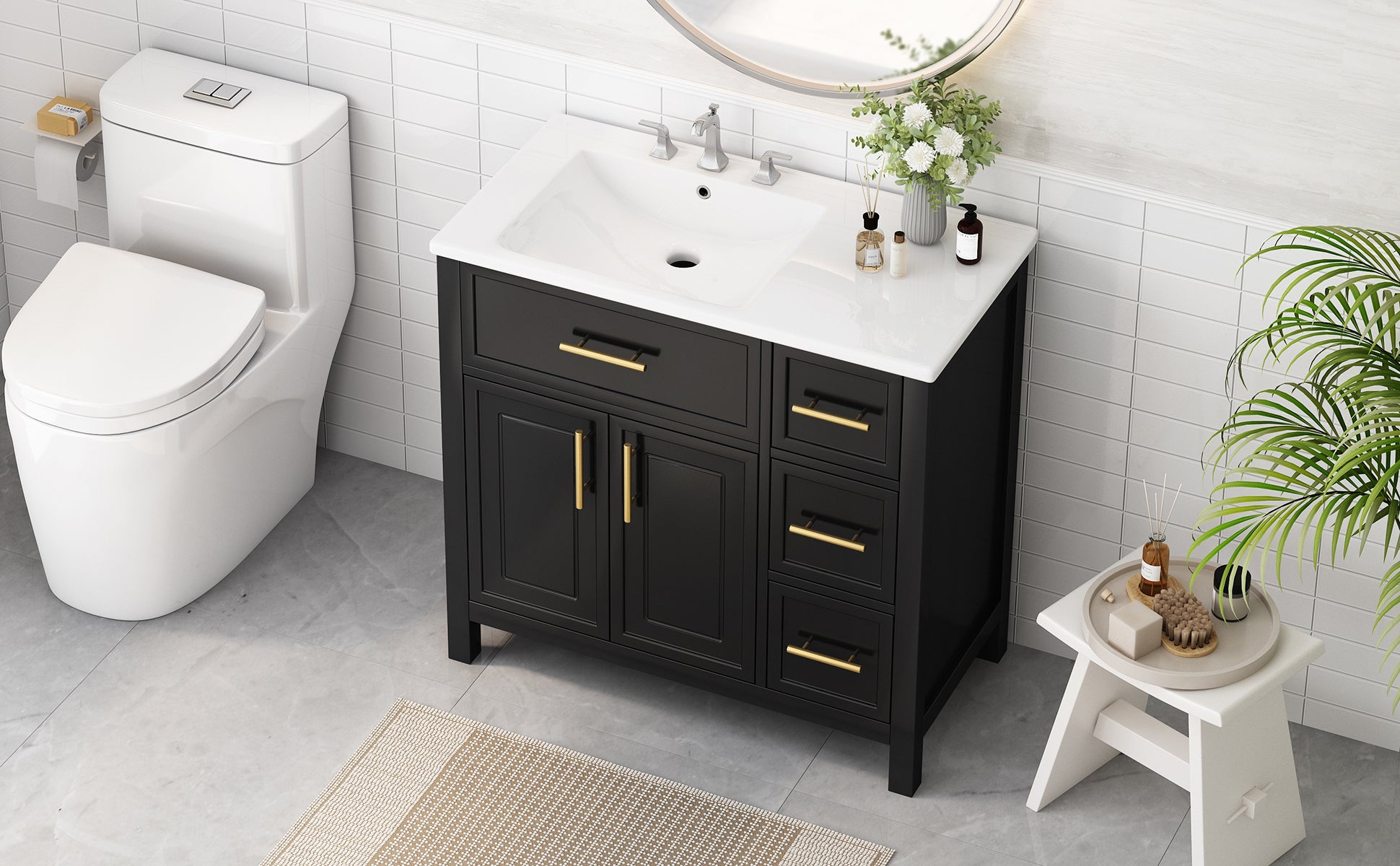 36" Bathroom Vanity with Sink Top, Bathroom Vanity Cabinet with Two Doors and Three Drawers, Solid Wood , MDF Boards ,One Package, Black