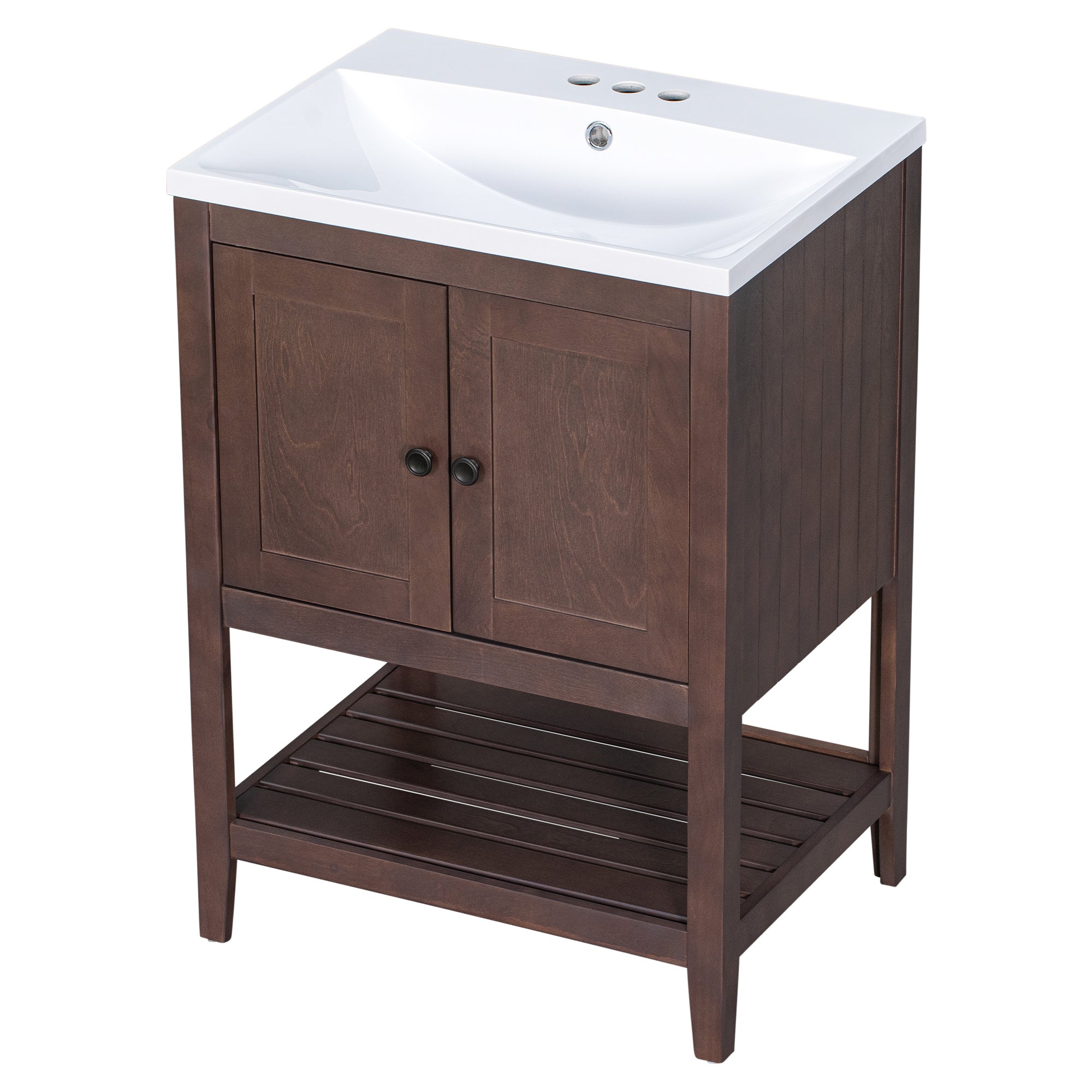 [VIDEO] 24" Brown Modern Sleek Bathroom Vanity Elegant Ceramic Sink with Solid Wood Frame Open Style Shelf (OLD SKU: JL000004AAD)