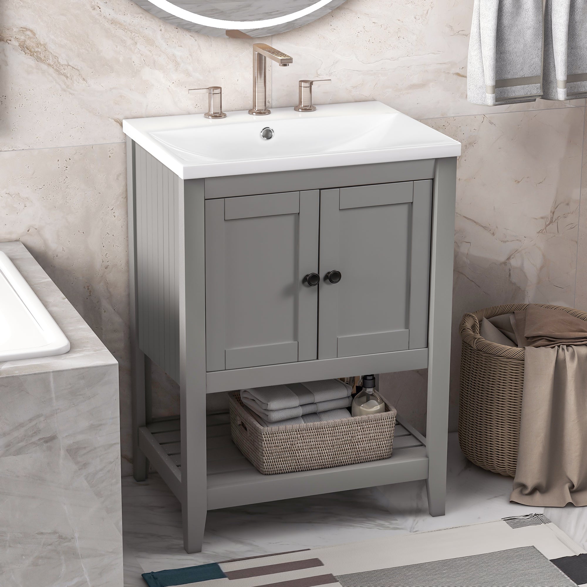 [VIDEO] 24" Grey Modern Sleek Bathroom Vanity Elegant Ceramic Sink with Solid Wood Frame Open Style Shelf (OLD SKU: JL000004AAE)