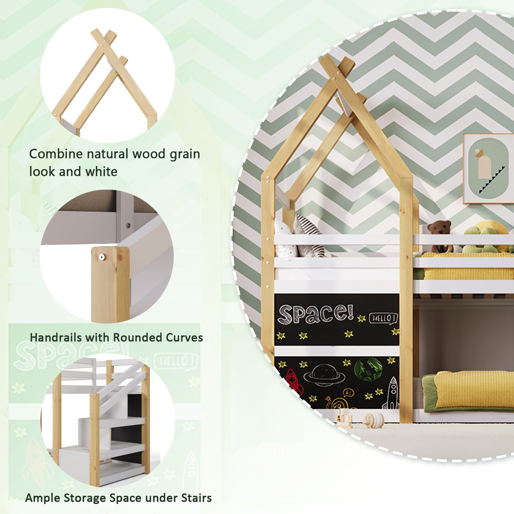 Twin over Twin House Bunk Bed with White Storage Staircase and 2 Blackboards, White and Natural