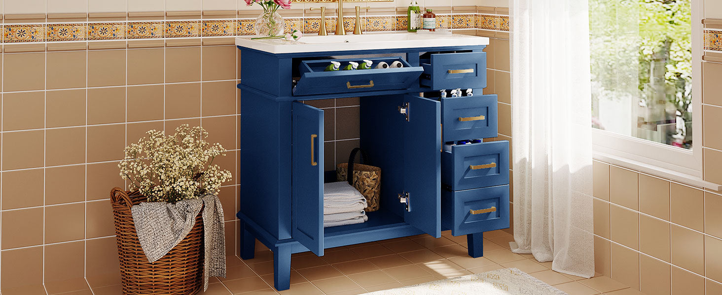 36-inch Bathroom Vanity with Resin Sink, Modern Bathroom Cabinet in Blue, Featuring Two Soft Close Doors and Four Drawers