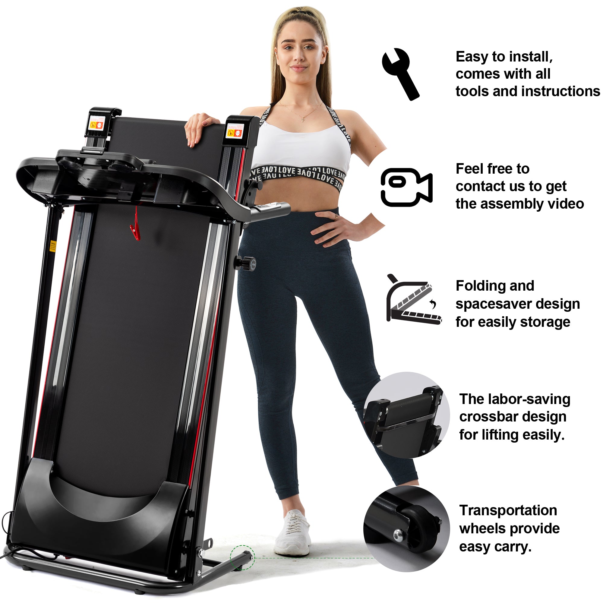 Folding Treadmill with Incline 2.5HP 12KM/H Electric Treadmill for Home Foldable, Bluetooth Music Cup Holder Heart Rate Sensor Walking Running Machine for Indoor Home Gym Exercise Fitness