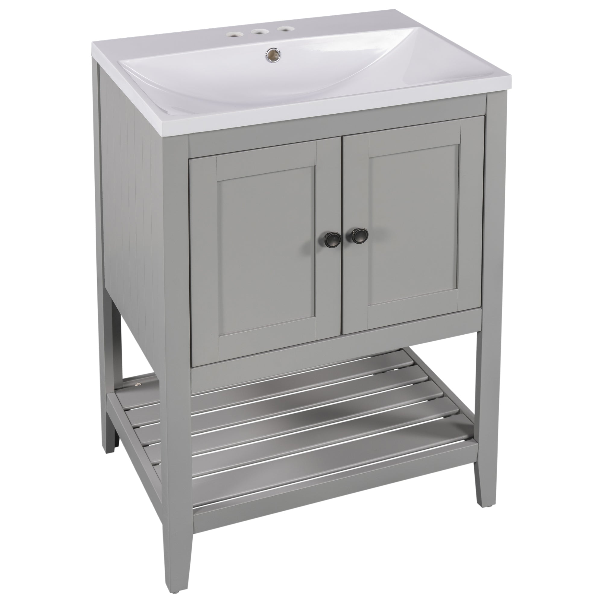 [VIDEO] 24" Grey Modern Sleek Bathroom Vanity Elegant Ceramic Sink with Solid Wood Frame Open Style Shelf (OLD SKU: JL000004AAE)