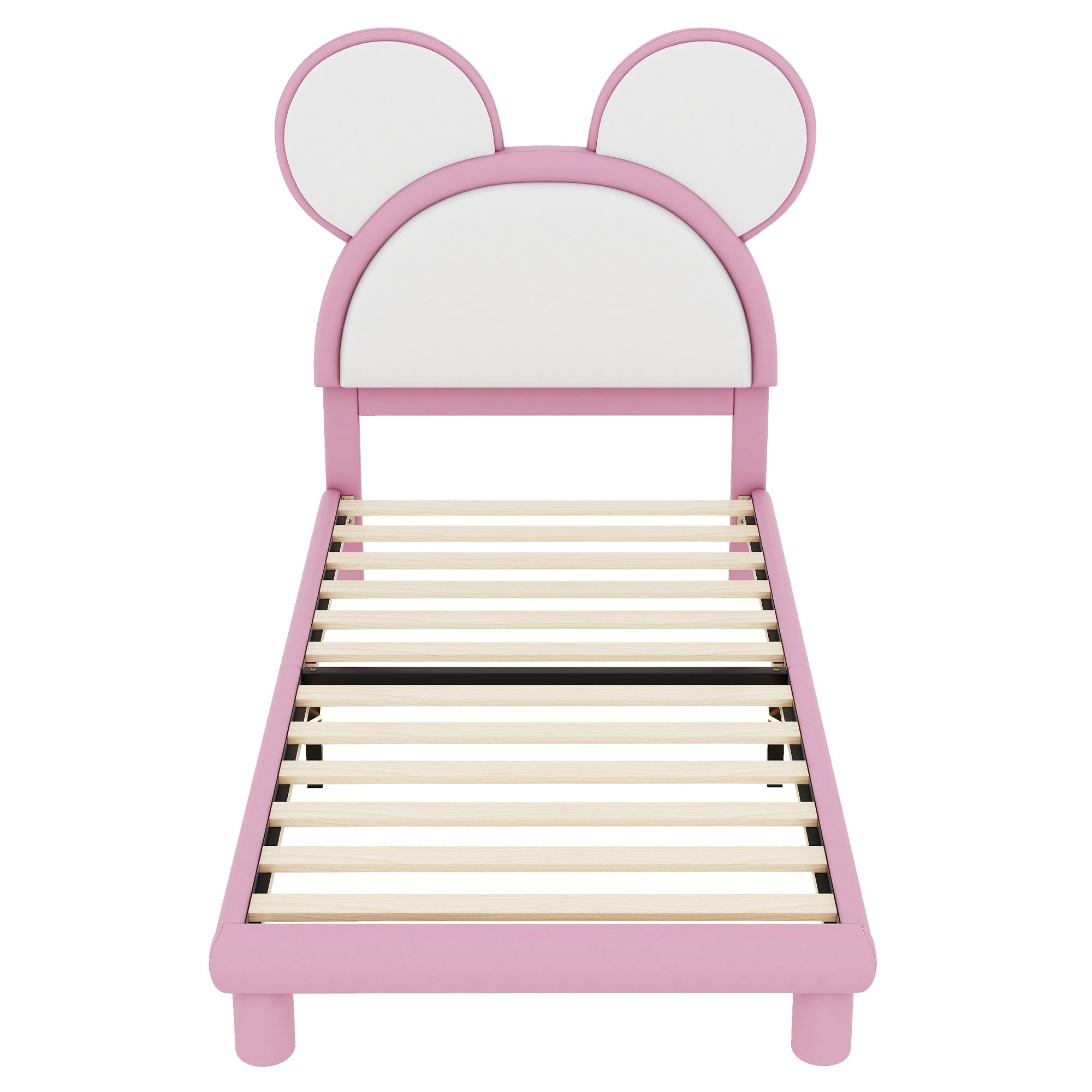 Twin Size Upholstered Platform Bed with Cartoon Ears Shaped Headboard and LED, White&Pink