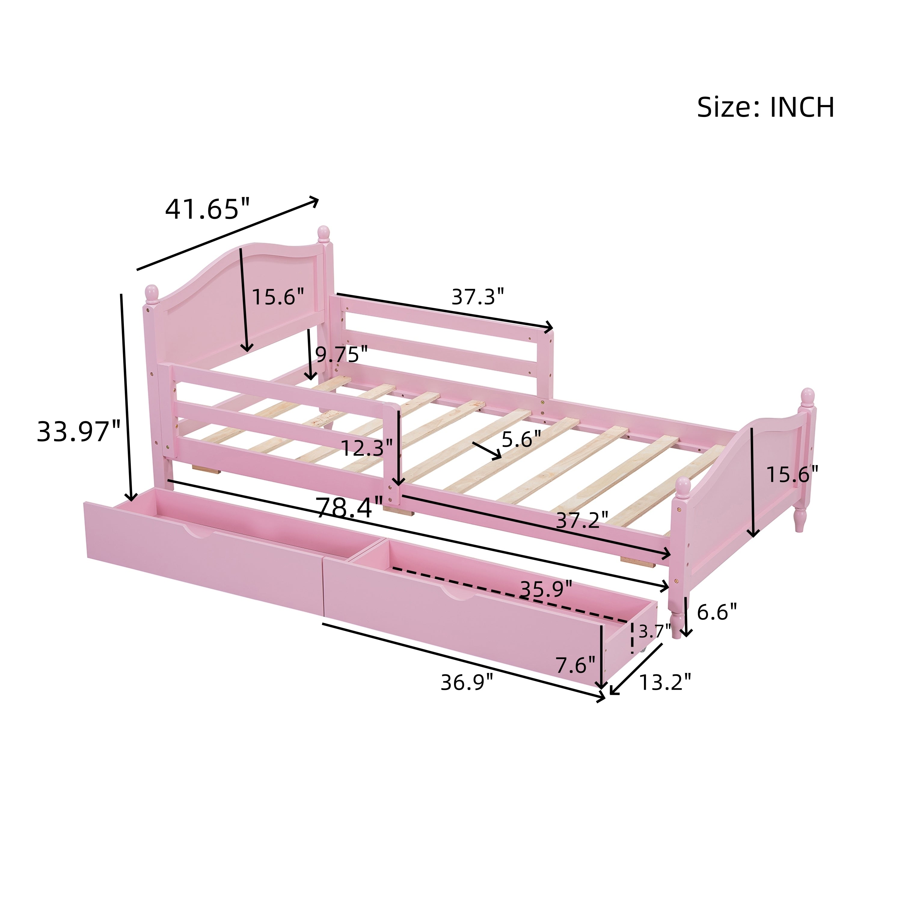 Twin Size Wood Platform Bed with Guardrails on Both Sides and Two Storage Drawers ,Pink