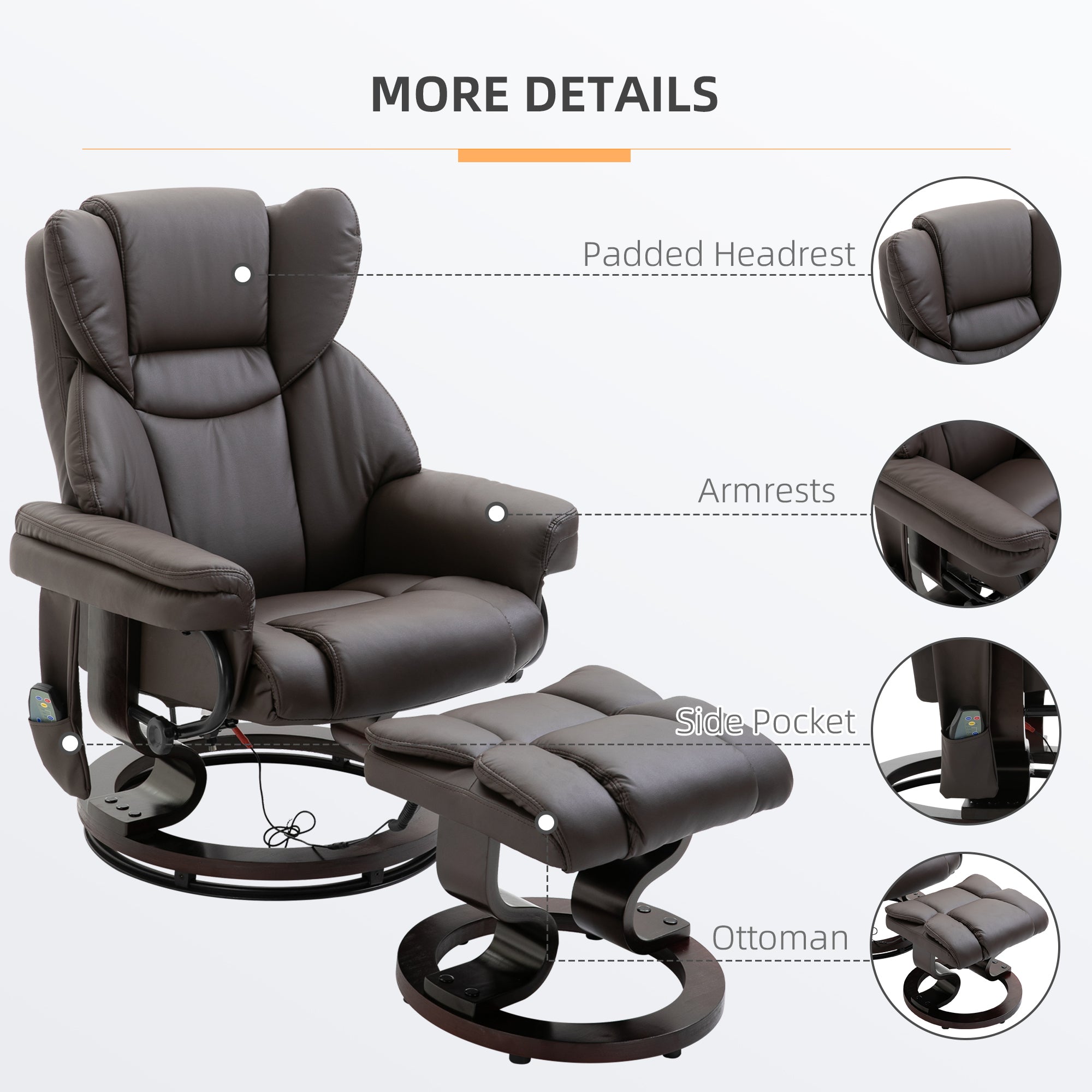 HOMCOM Massage Recliner Chair with Ottoman Footrest, 10 Vibration Points, 360° Swivel Reclining Chair, Faux Leather Living Room Chair with Side Pocket and Remote Control, Brown