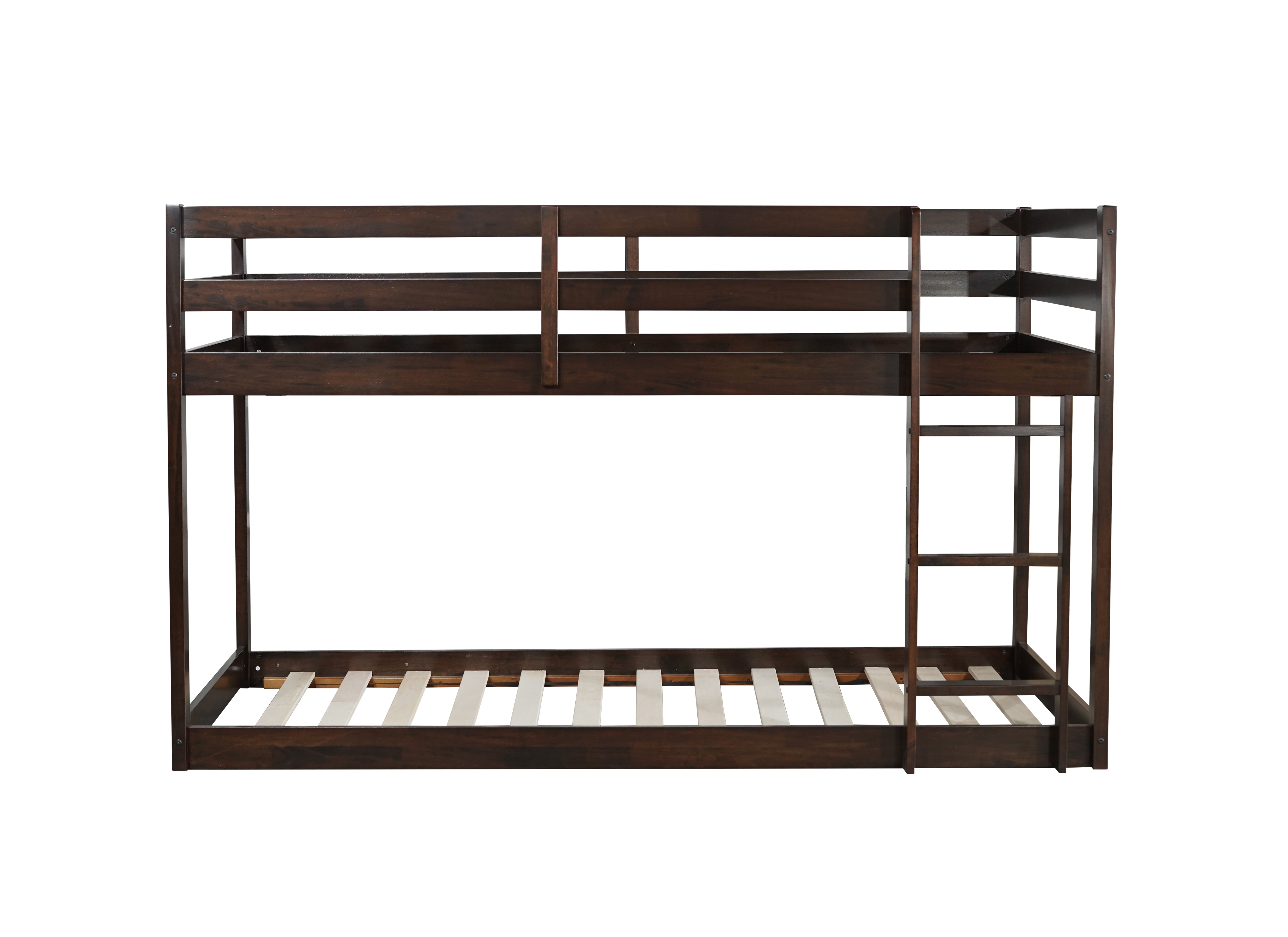 Twin over twin espresso bunk bed with ladder, angled view