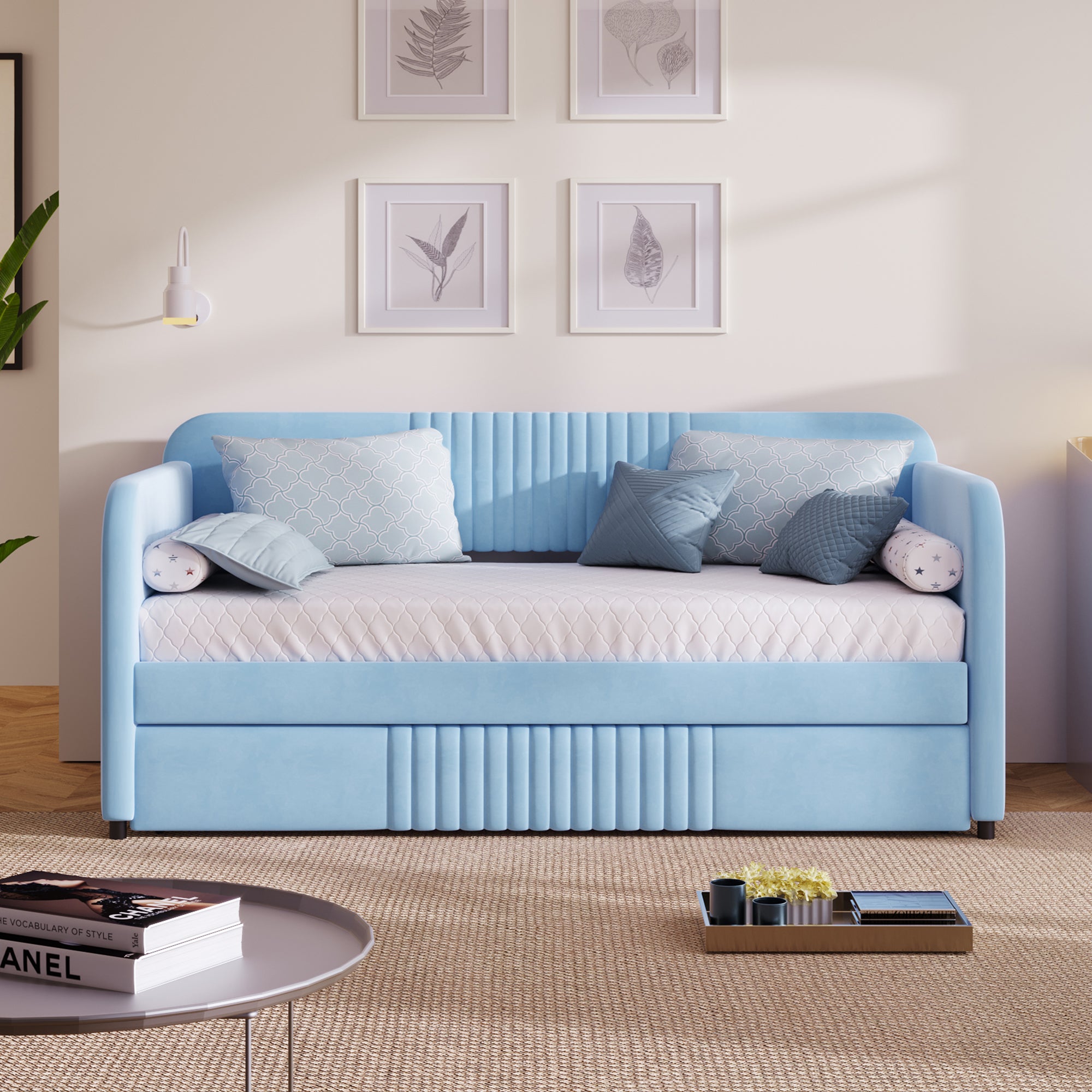 Upholstered Daybed Sofa Bed Twin Size With Trundle Bed and Wood Slat, Light Blue