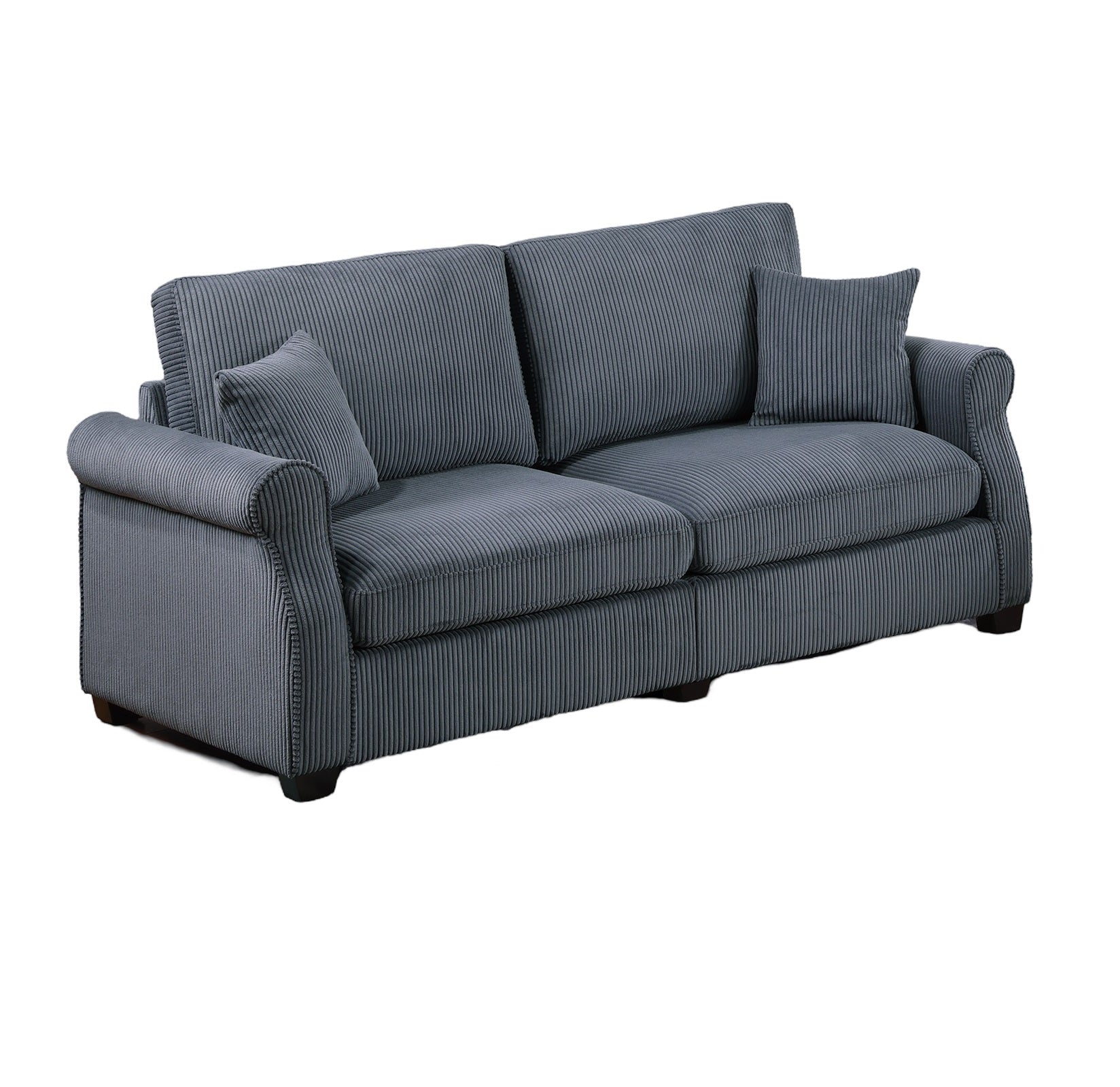 Classic Living Room 2pc Sofa Set Dark Gray Corduroy Sofa Loveseat w Pillows Square Arms Plush Couch