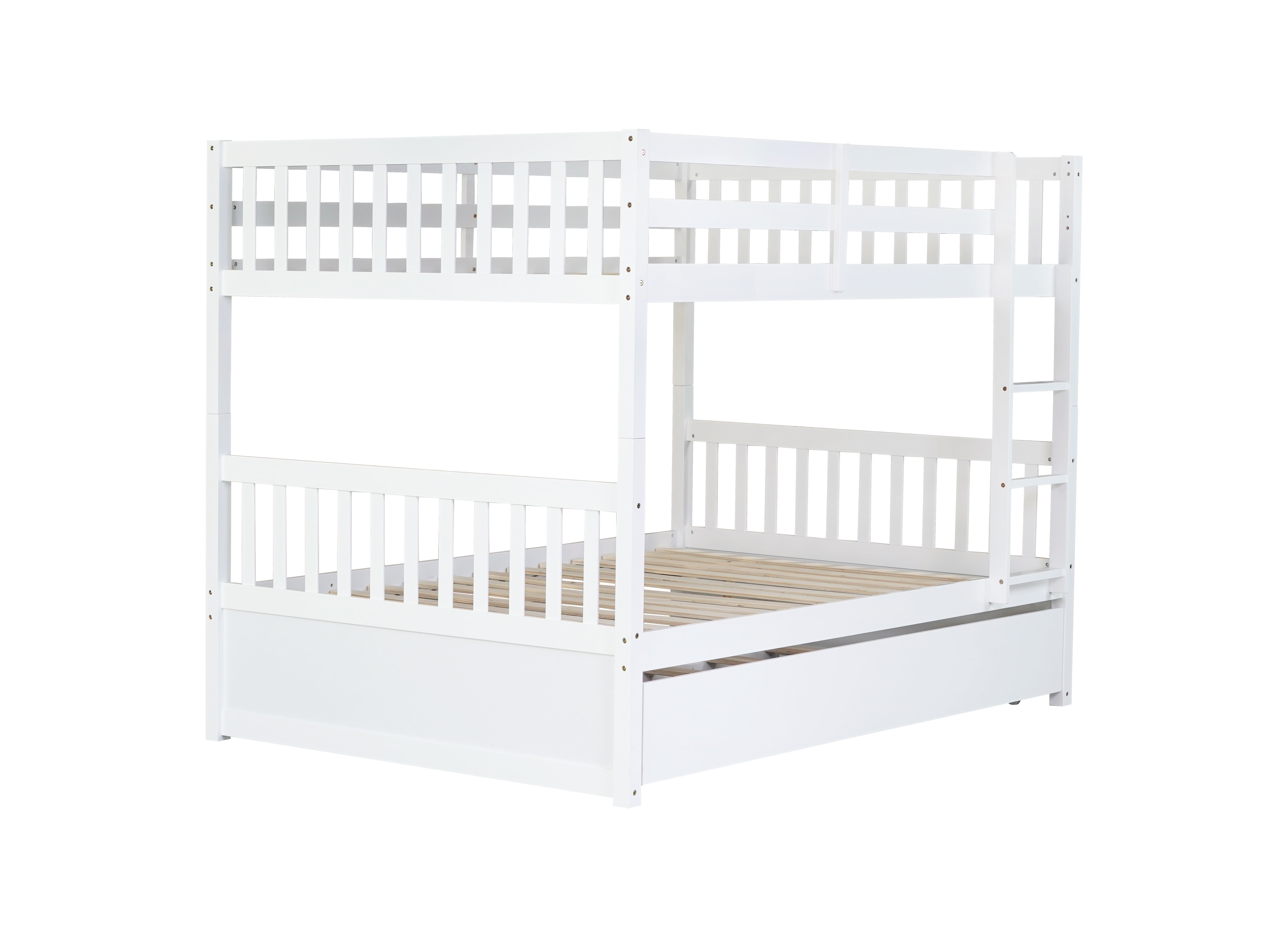 White full bunk bed with twin trundle detail, close-up view