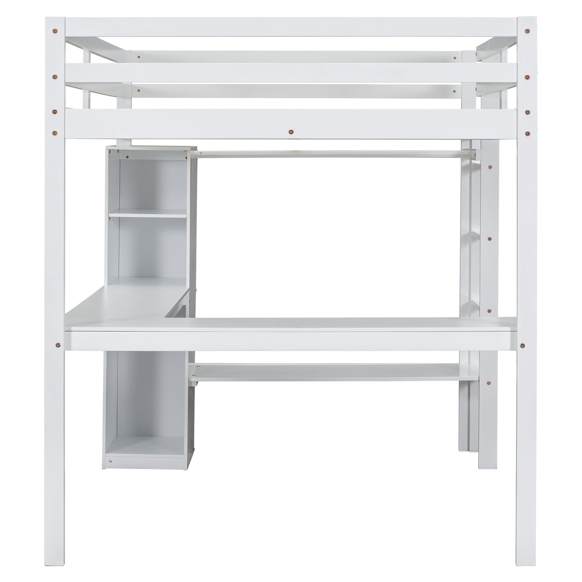 Full Size Loft Bed with L-shaped Desk, Wardrobe and Storage Shelves, White