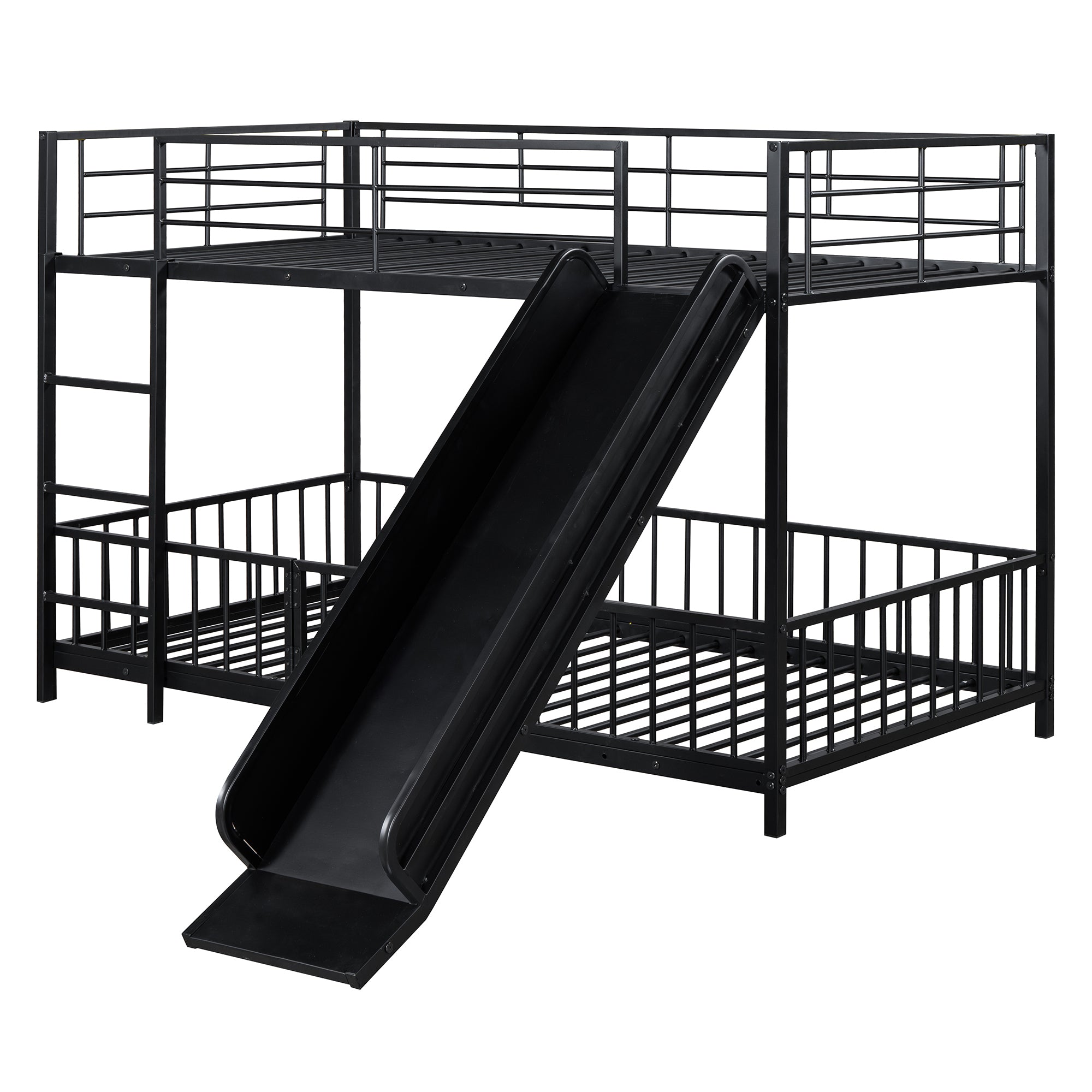 Twin over Twin Size Metal Bunk Bed with Slide and Guardrails, Black