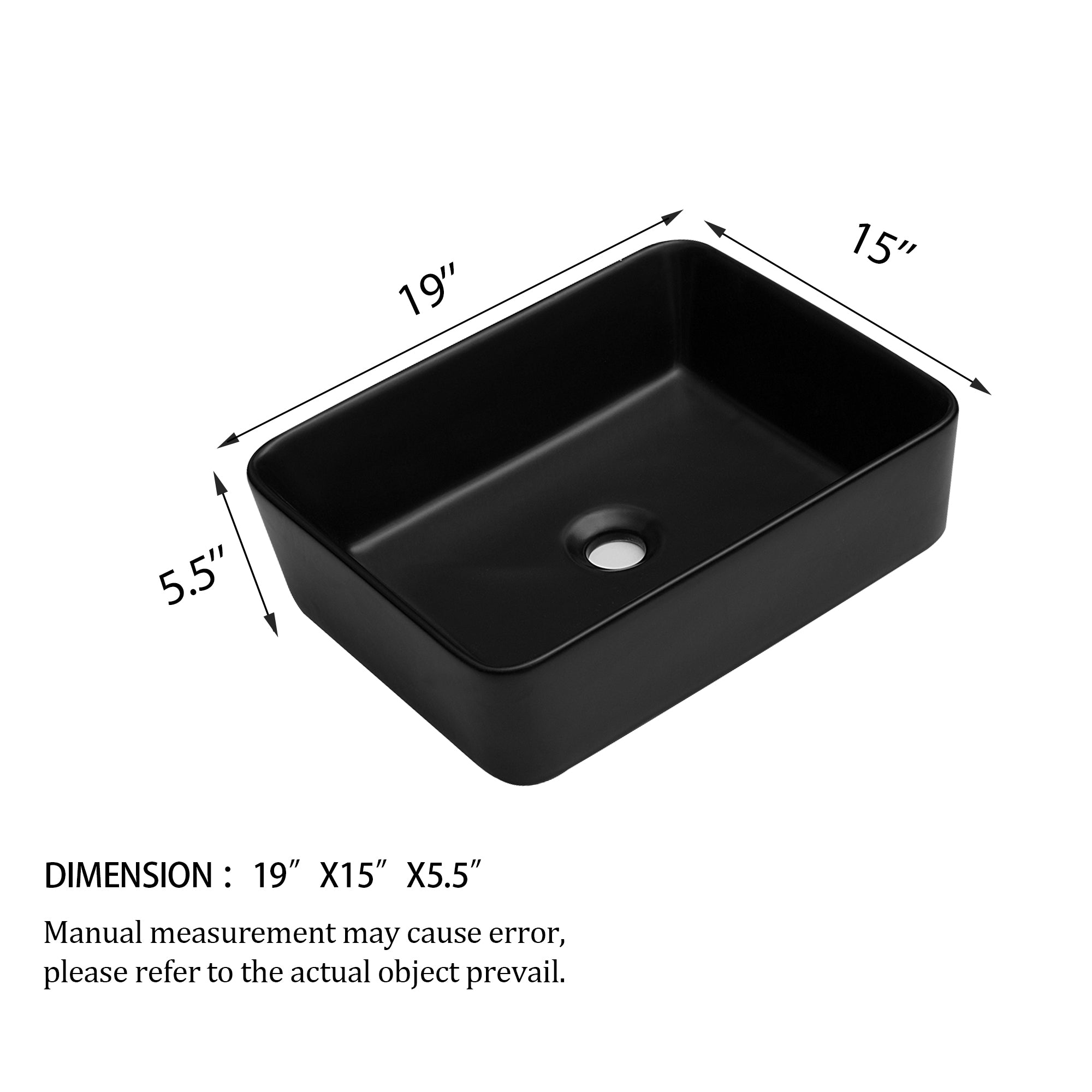 19"x15" Black Ceramic Rectangular Vessel Bathroom Sink