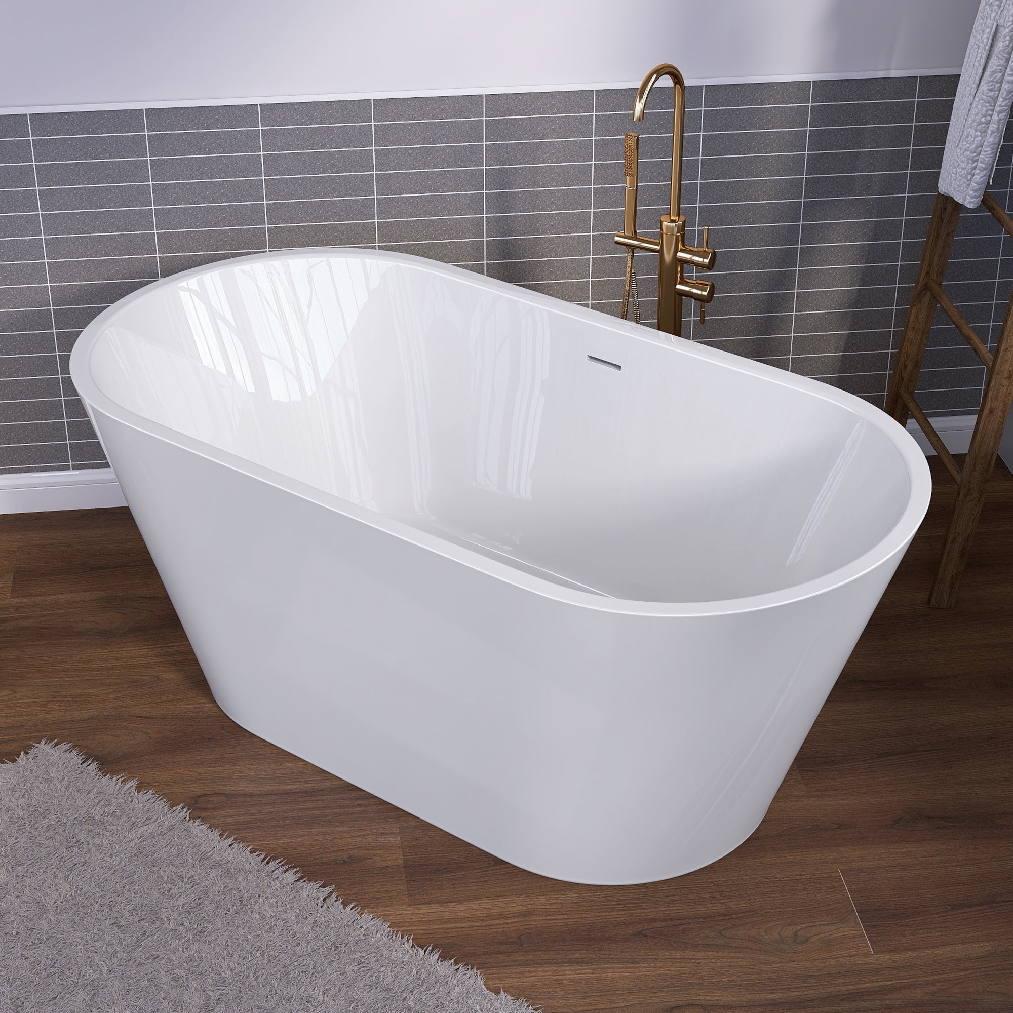 51" Acrylic Freestanding Bathtub Contemporary Soaking White Tub with Overflow and Pop-up Drain Gloss White